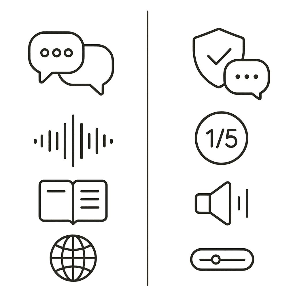 Icon-based side-by-side diagram comparing key pronunciation coaching features of two language apps.