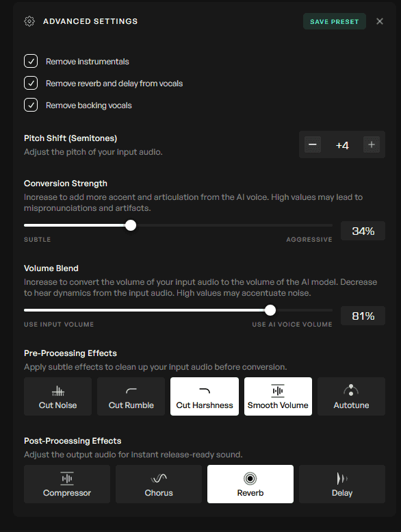 Advanced conversions settings unfurled