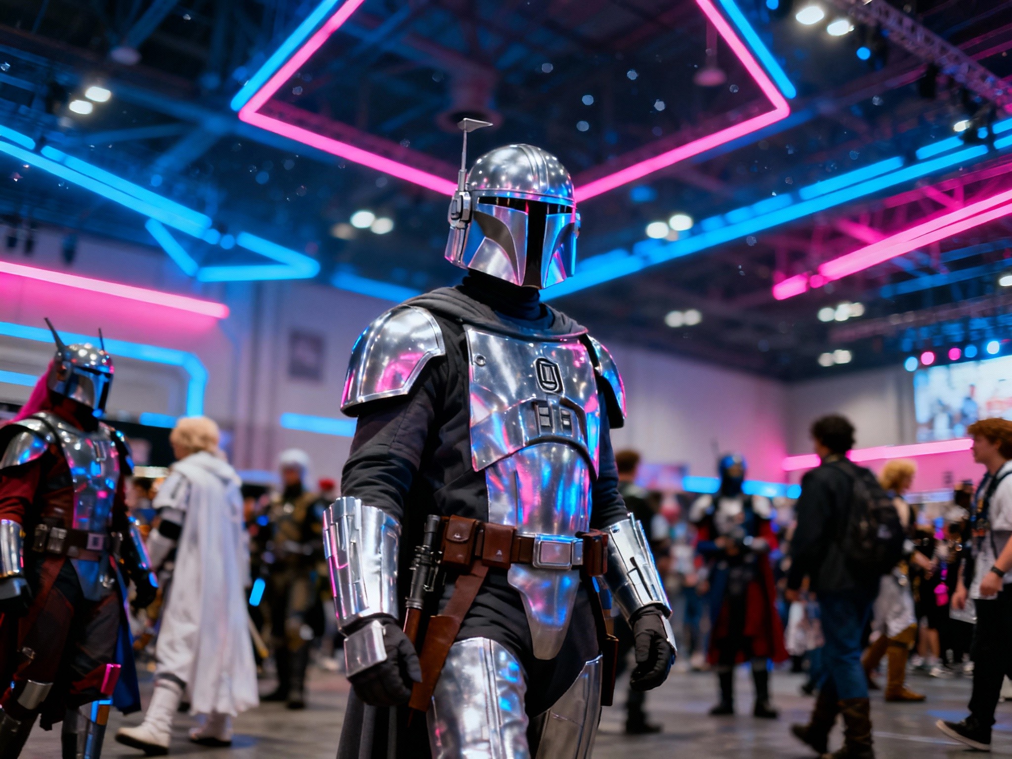 A dynamic frame showcasing a bustling convention hall interior filled with cosplayers in elaborate