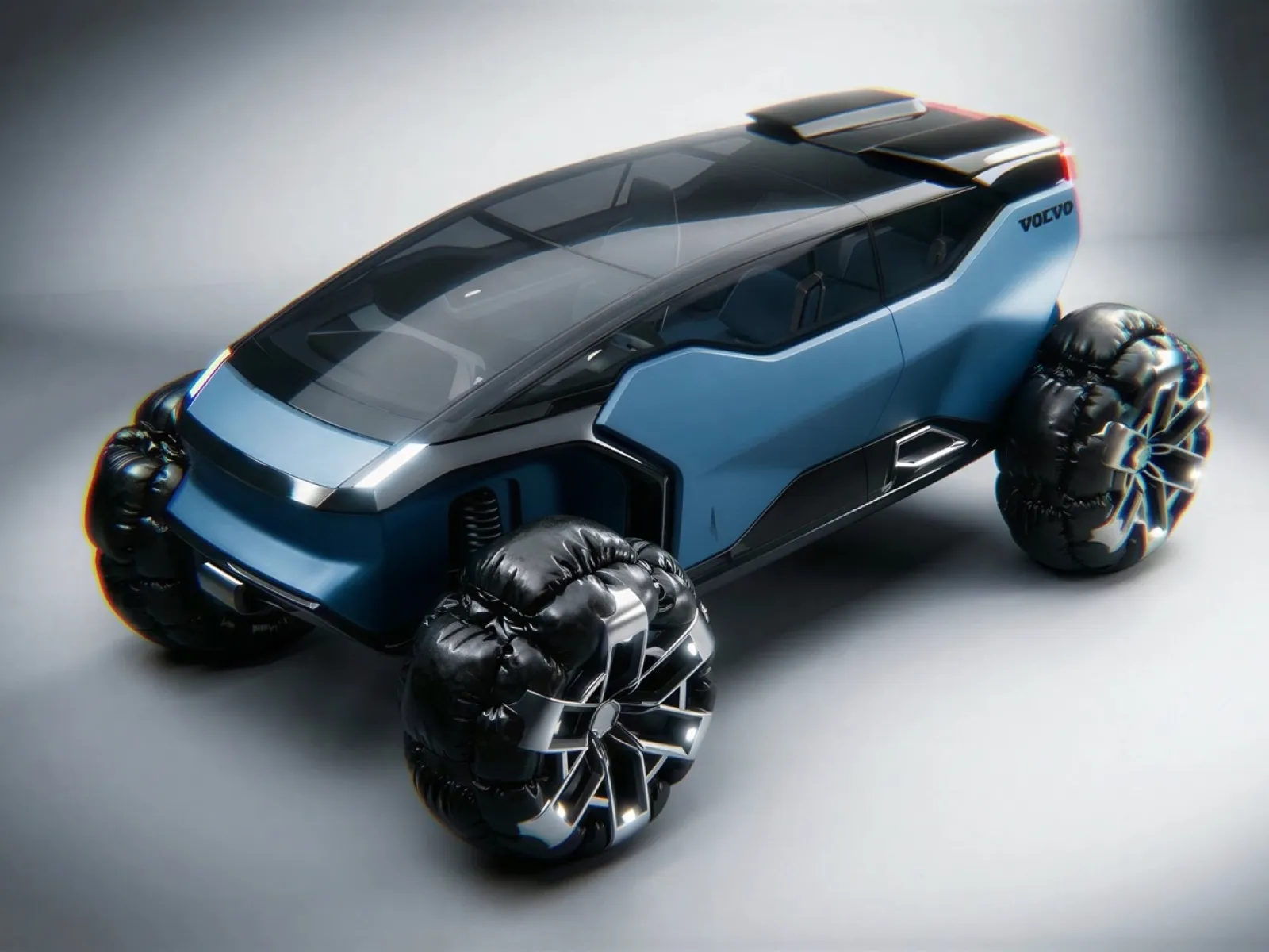 A futuristic, blue concept car with a sleek, aerodynamic design features large, distinctive wheels and a tinted, expansive windshield, emphasizing advanced automotive technology and innovation.