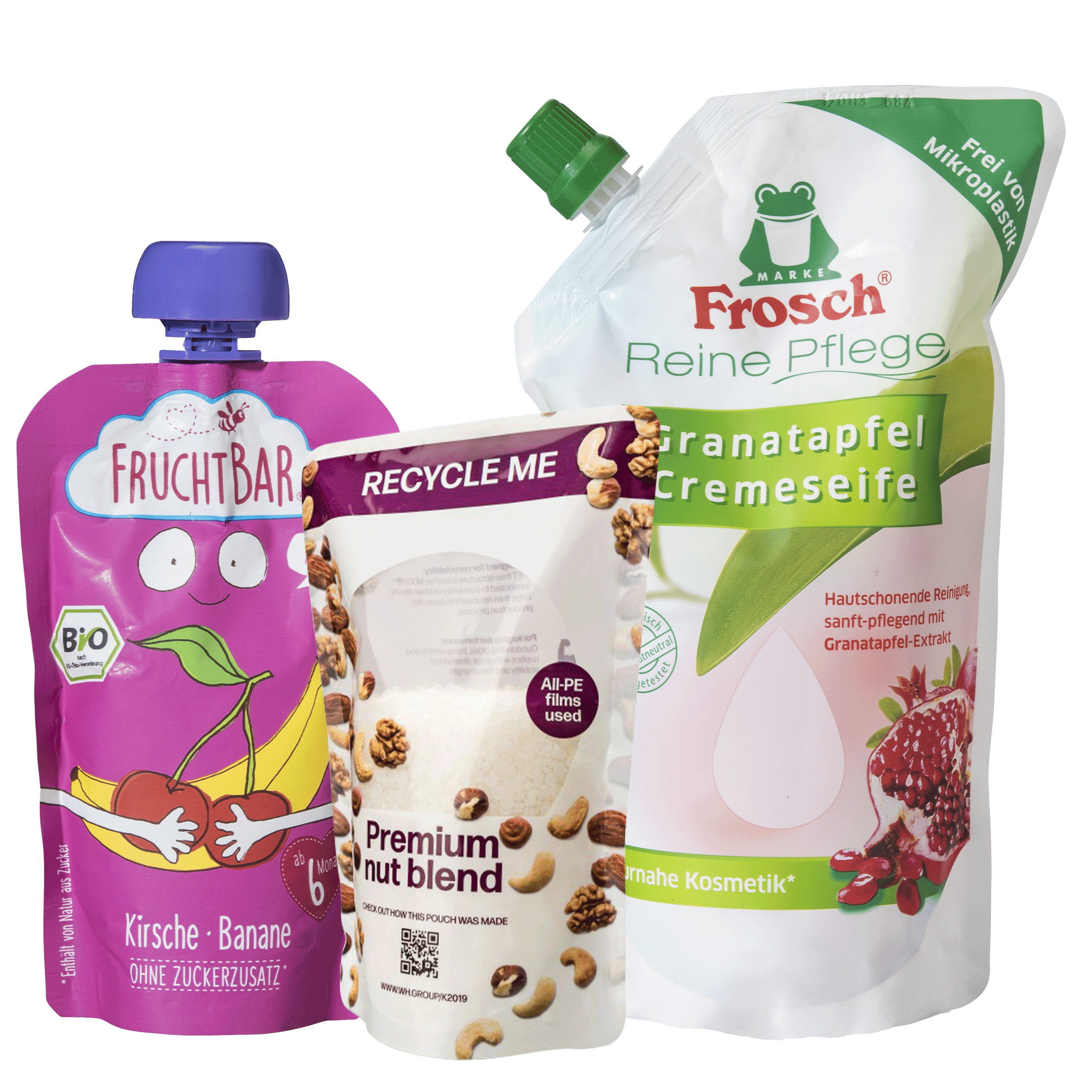 Verschiedene nachhaltige Produkte: Fructbar Quetschbeutel, Nussmischung und Frosch Cremeseife