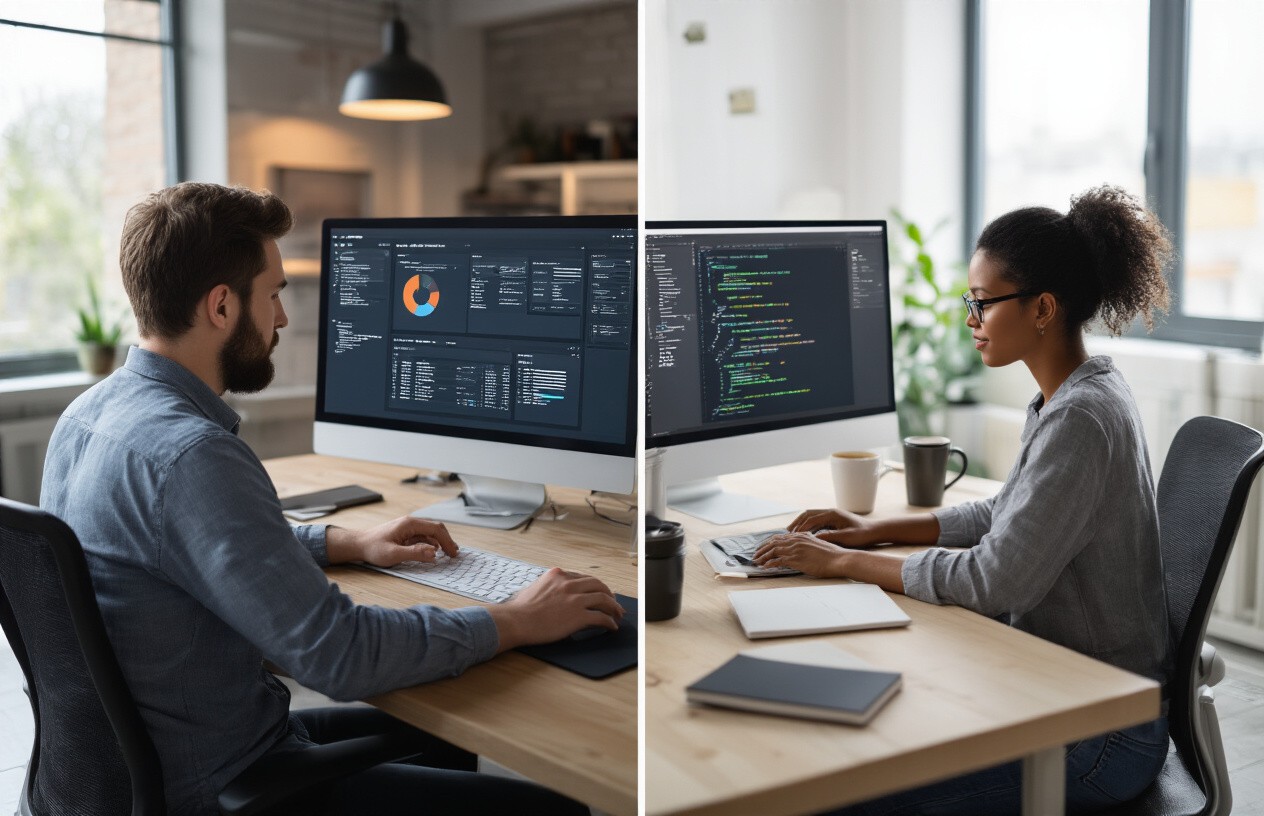 Two images showing individuals focused on their work at computers in a collaborative office environment.