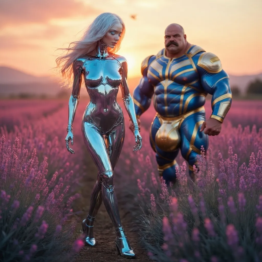 Rex Titan and partner in lavender field, Rex behind