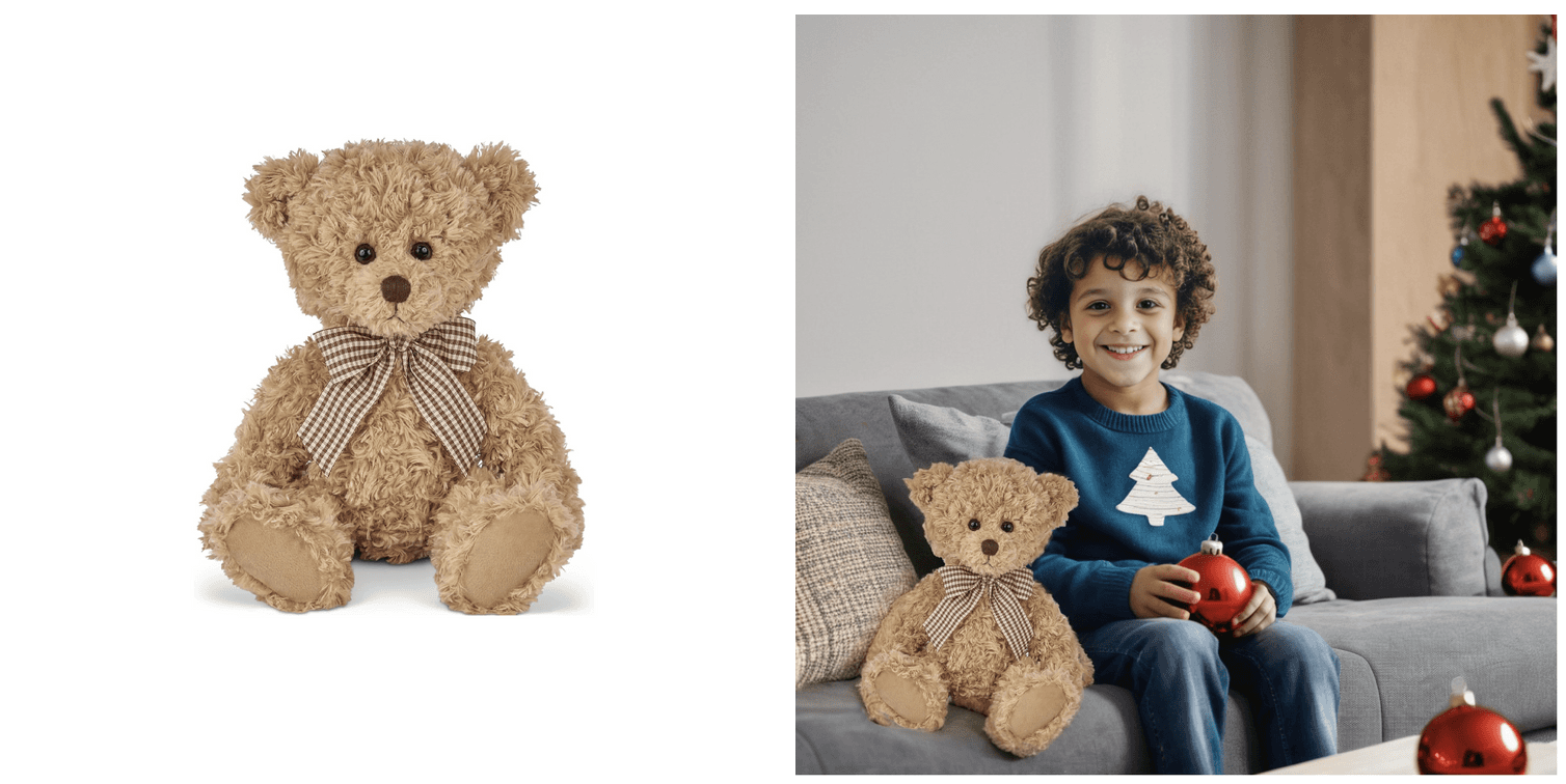 8 year old kid holding a teddy bear during christmas