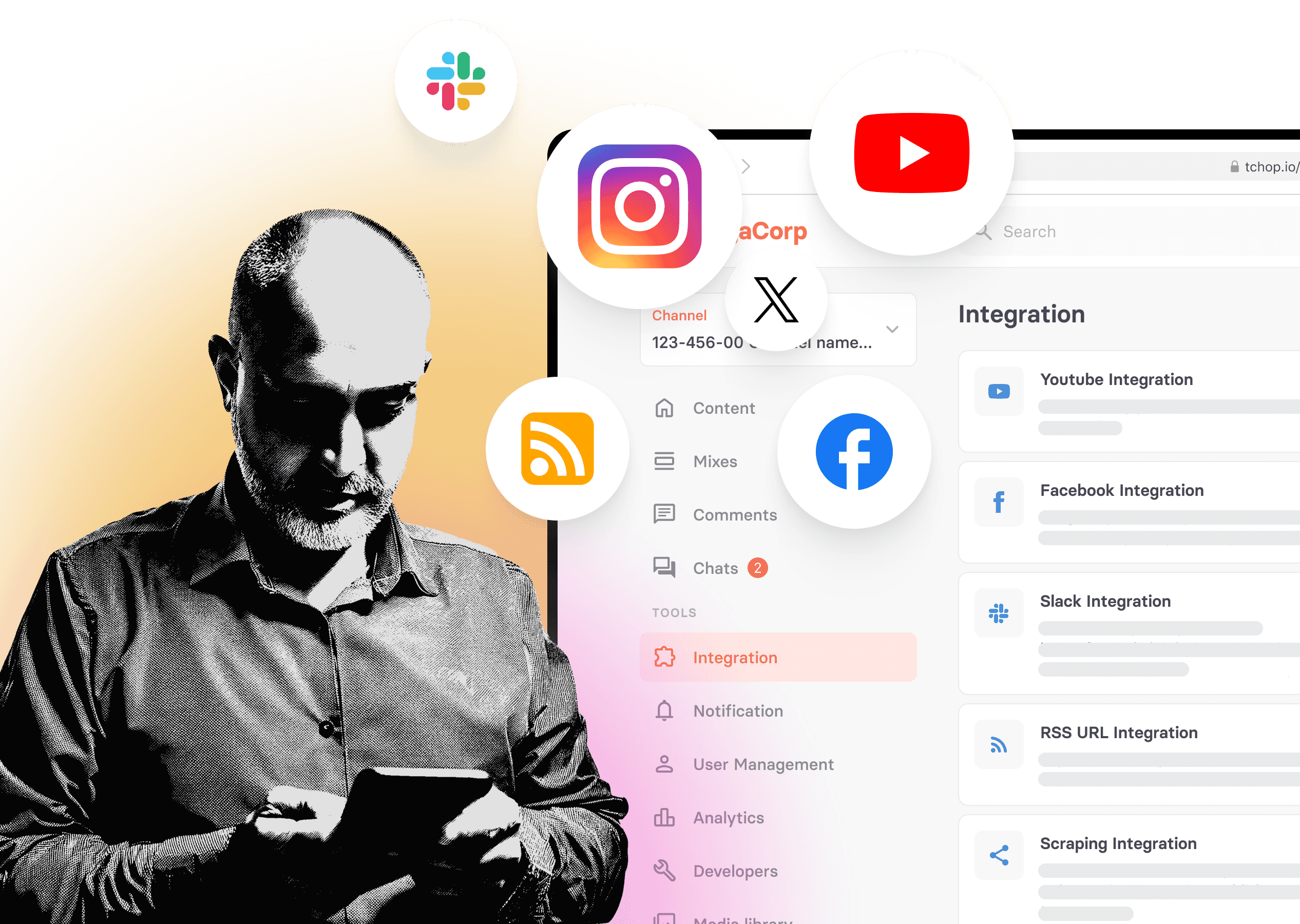 Illustration, die benutzerdefinierte Integrationsmöglichkeiten innerhalb von tchop™ darstellt, und zeigt, wie Benutzer Inhalte-Workflows durch API-Anbindungen mit Plattformen wie Instagram, YouTube und Slack automatisieren können, um ein nahtloses Erlebnis zu schaffen.