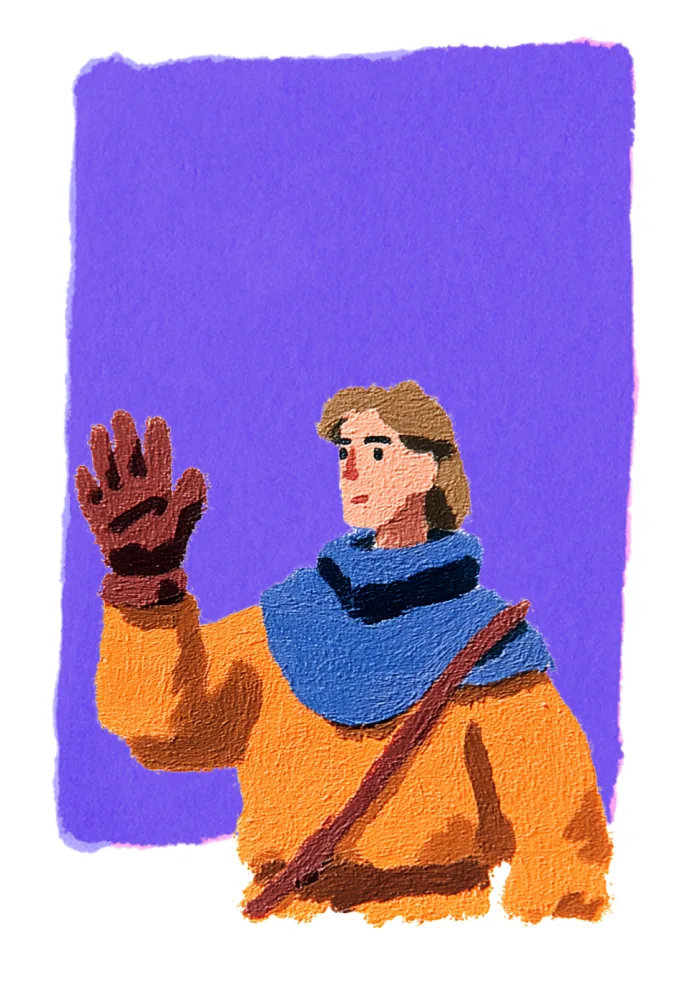 A traveler in an orange tunic and blue hood raises a gloved hand in greeting, illustrating the Book step of Floating Castle's process