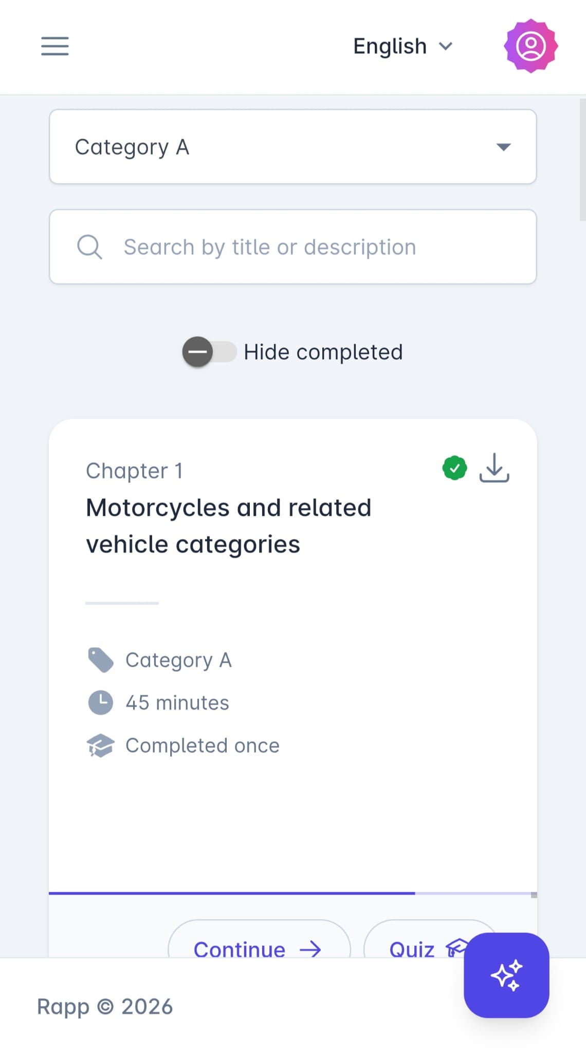 Explanation of a motorcycle theory question for driving licence A in the RAPP app