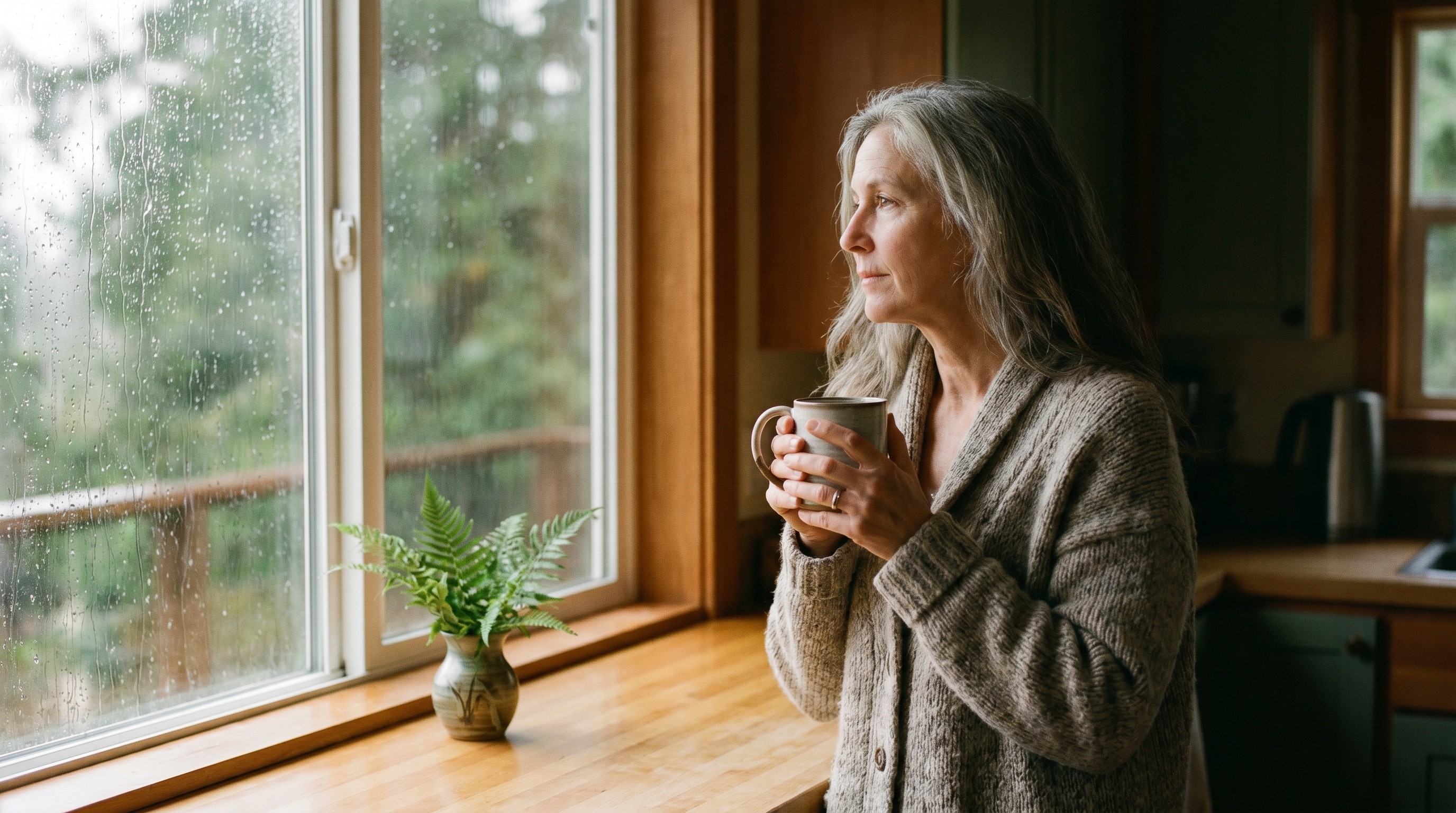 Older woman in cardigan holding a warm mug by a sunlit Pacific Northwest kitchen window, looking thoughtfully outside