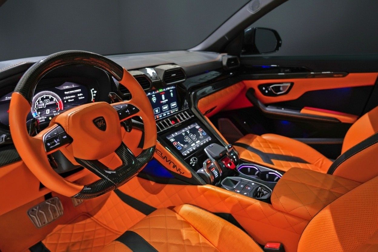 Lamborghini Urus luxury interior with premium leather cockpit and performance steering wheel, Dubai rental