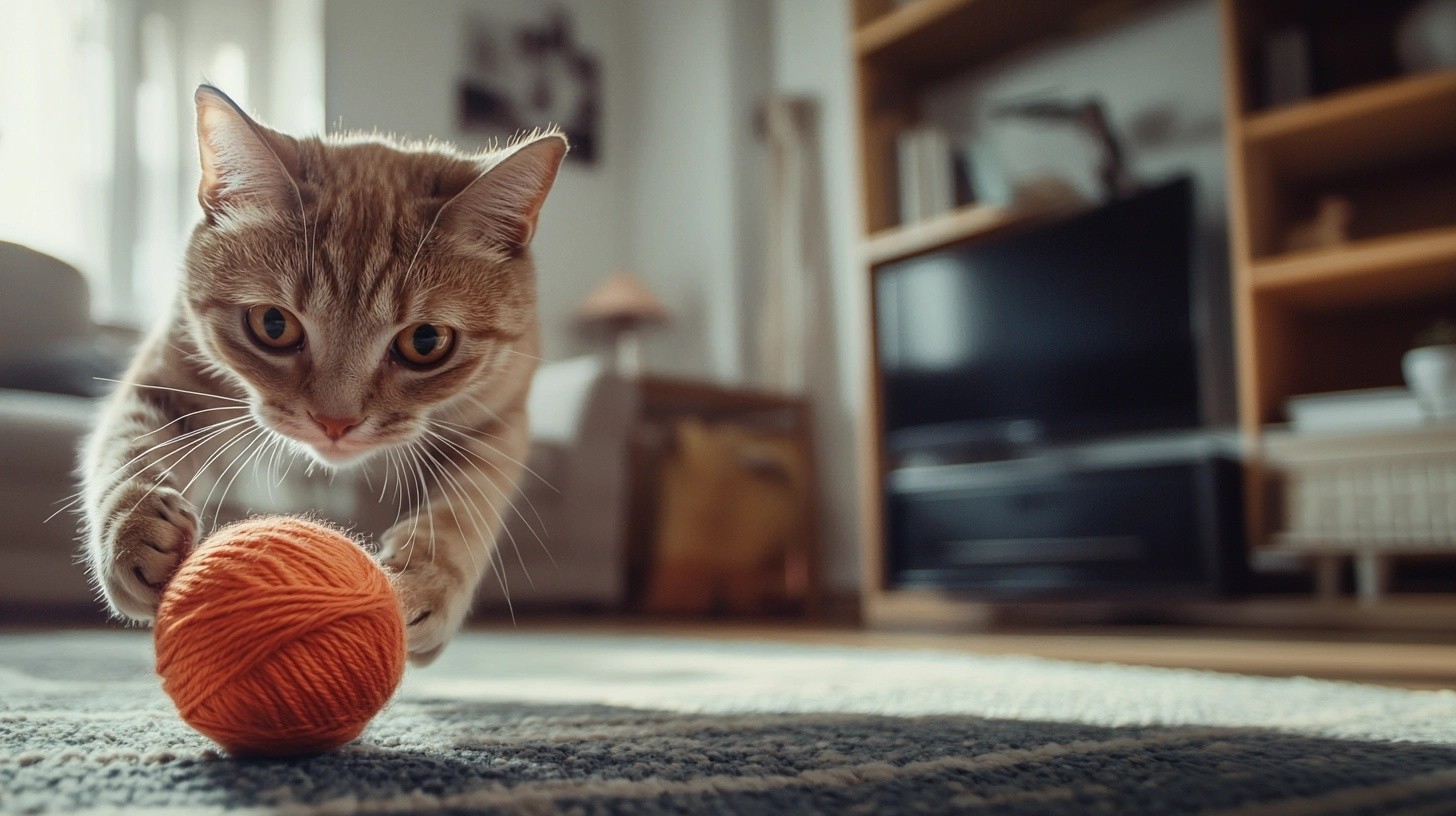 Photo of a cat playing with a ball of yarn