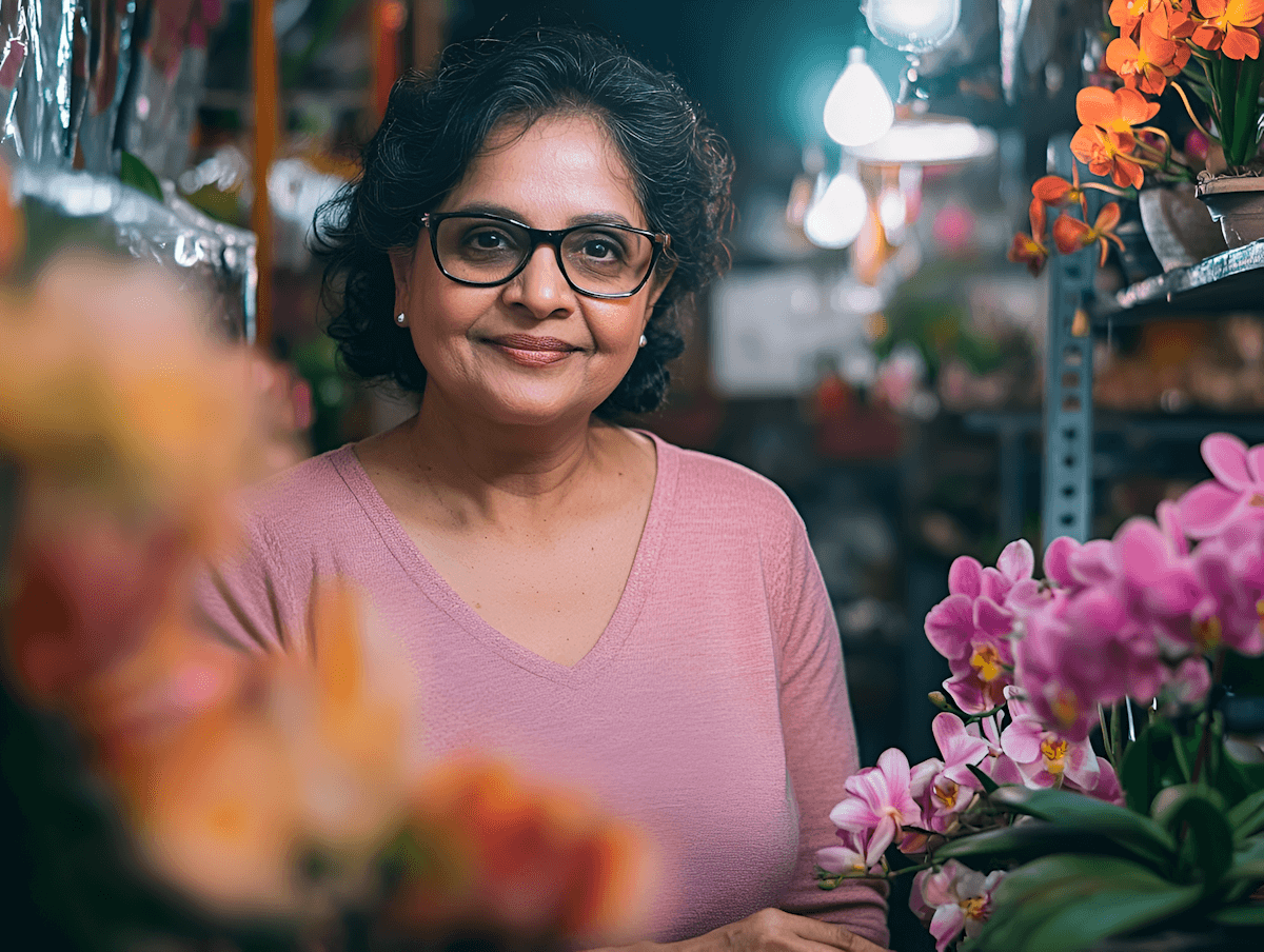 Smiling woman with glasses standing amongst flowers in a shop.