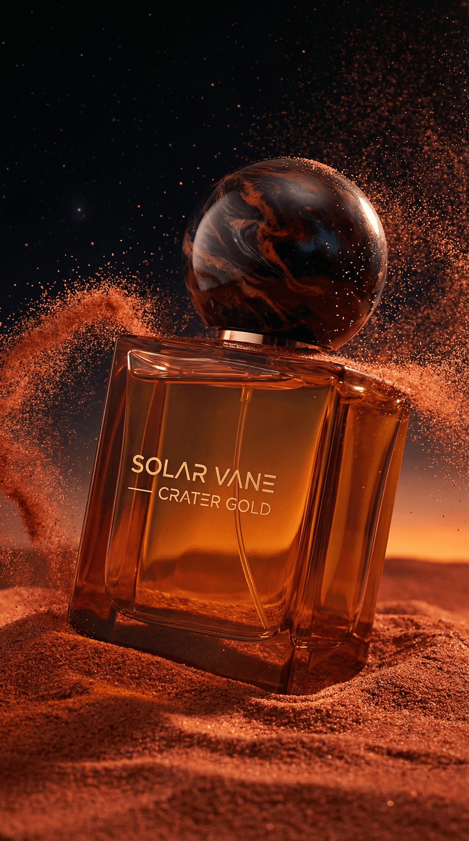 Solar Vane Crater Gold perfume bottle in desert sand with swirling dust and night sky