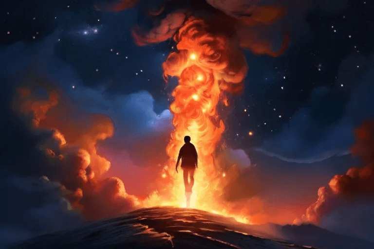 a person walking out of a fiery background