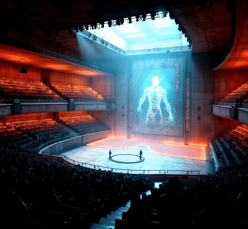 A "What We Do: AI-Powered Voice Search Optimization" section of a webpage, detailing services like "Voice Search Keyword Surgery," "Answer Engine Optimization (AEO)," "Local Voice Fortress," "Multilingual Voice SEO," and "Voice Rank Tracking," presented against a background of a dimly lit auditorium or theater.