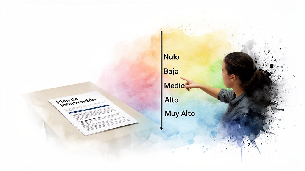 Mujer señalando una escala de niveles (Nulo a Muy Alto) junto a un documento de Plan de intervención sobre bienestar psicosocial.