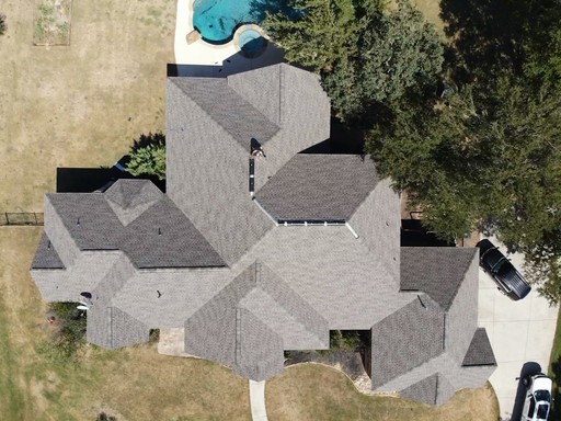 Aerial view of the architectural shingle roof in Georgetown, Texas, completed in 2023
