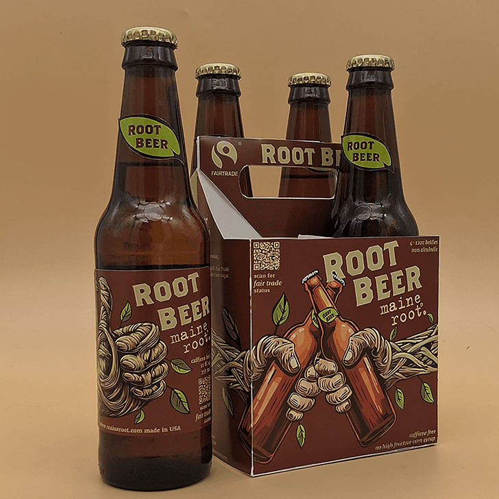 The updated Main Root packaing, with a new red color for both the bottle labels and 4-pack.