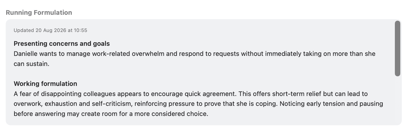 Danielle Smith’s Running Formulation in Client Details, with its Updated date and section headings.