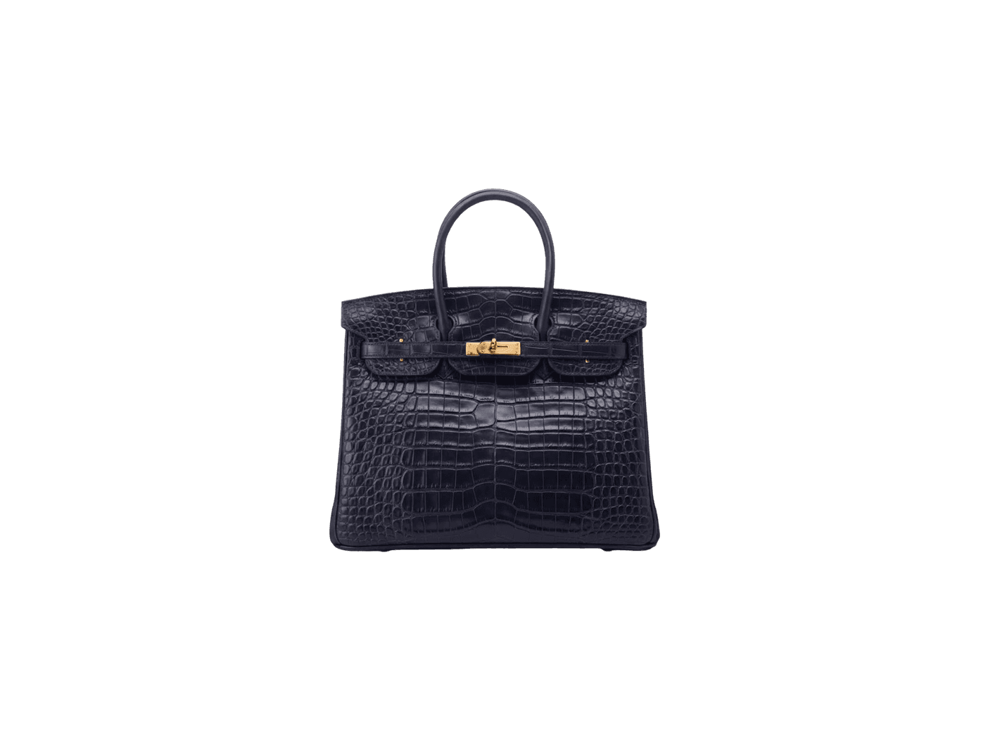 a navy blue crocodile leather handbag with gold hardware and a top handle.