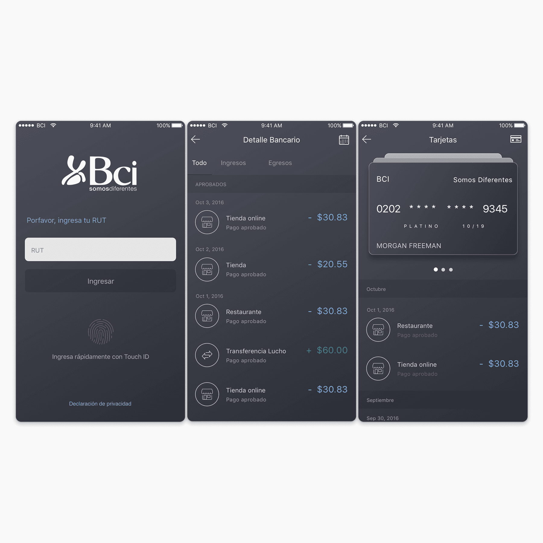 Login, expense and credit-card view for BCI Chile