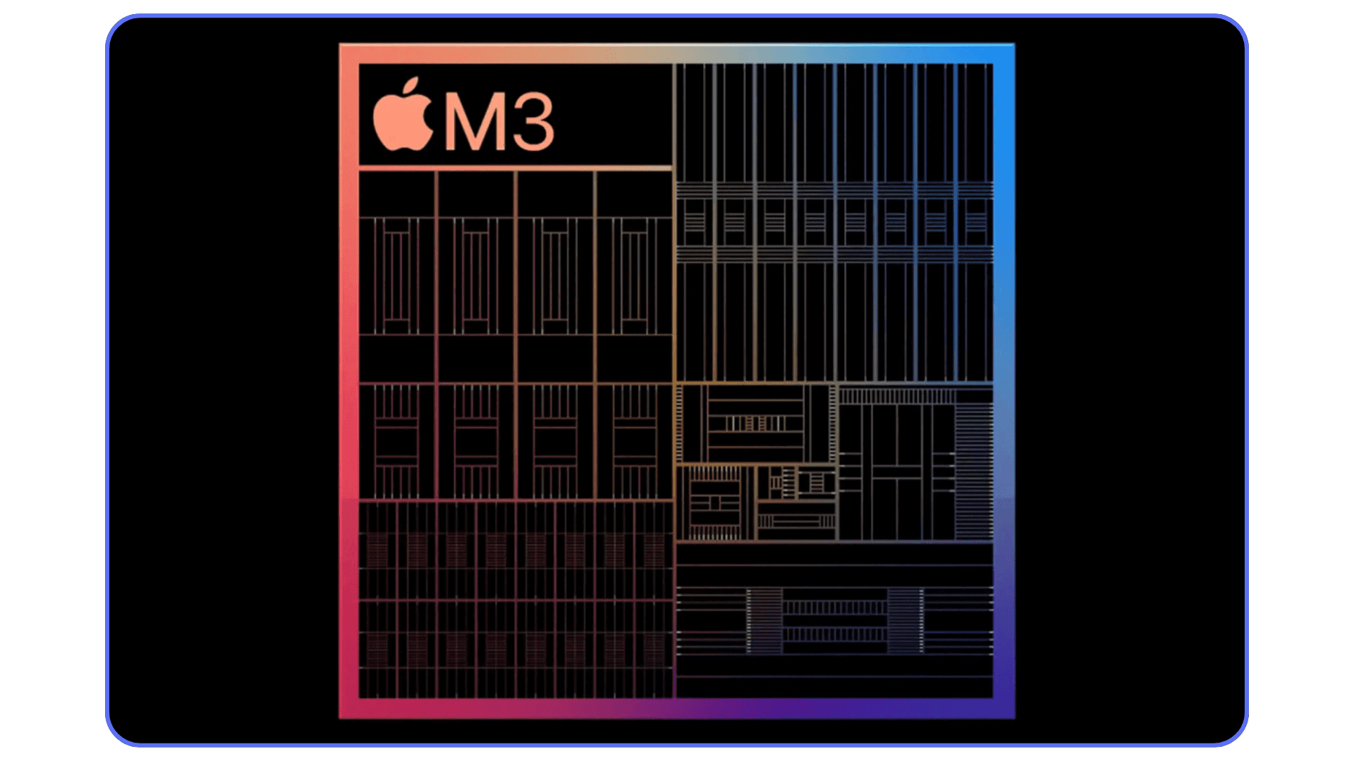 Graphic illustration of Apple’s M3 chip architecture with colorful gradient borders.