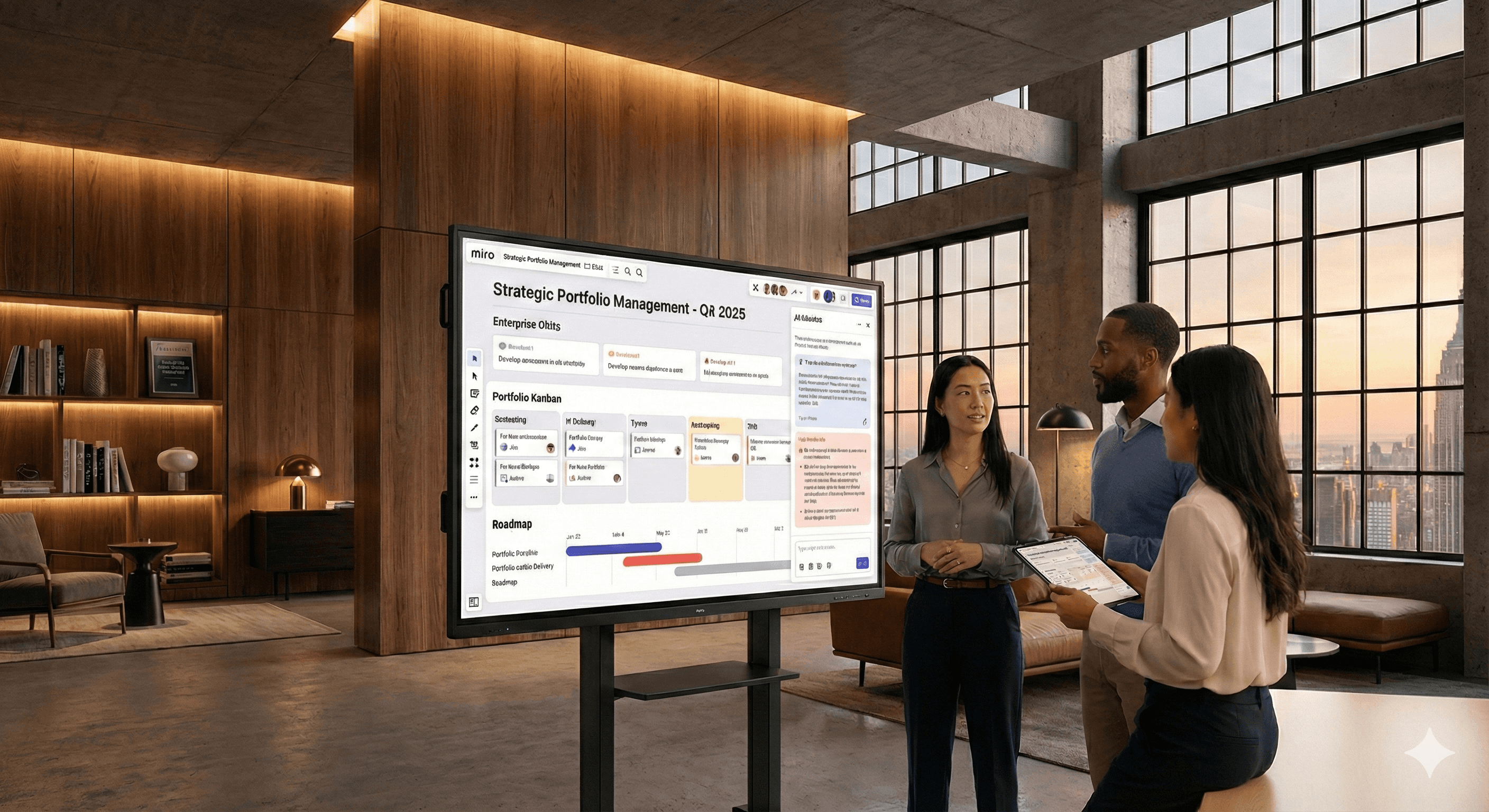A diverse group of professionals in a modern office setting discusses a presentation on strategic portfolio management displayed on a large screen, highlighting enterprise data and project roadmaps, with cityscape views visible through large windows.