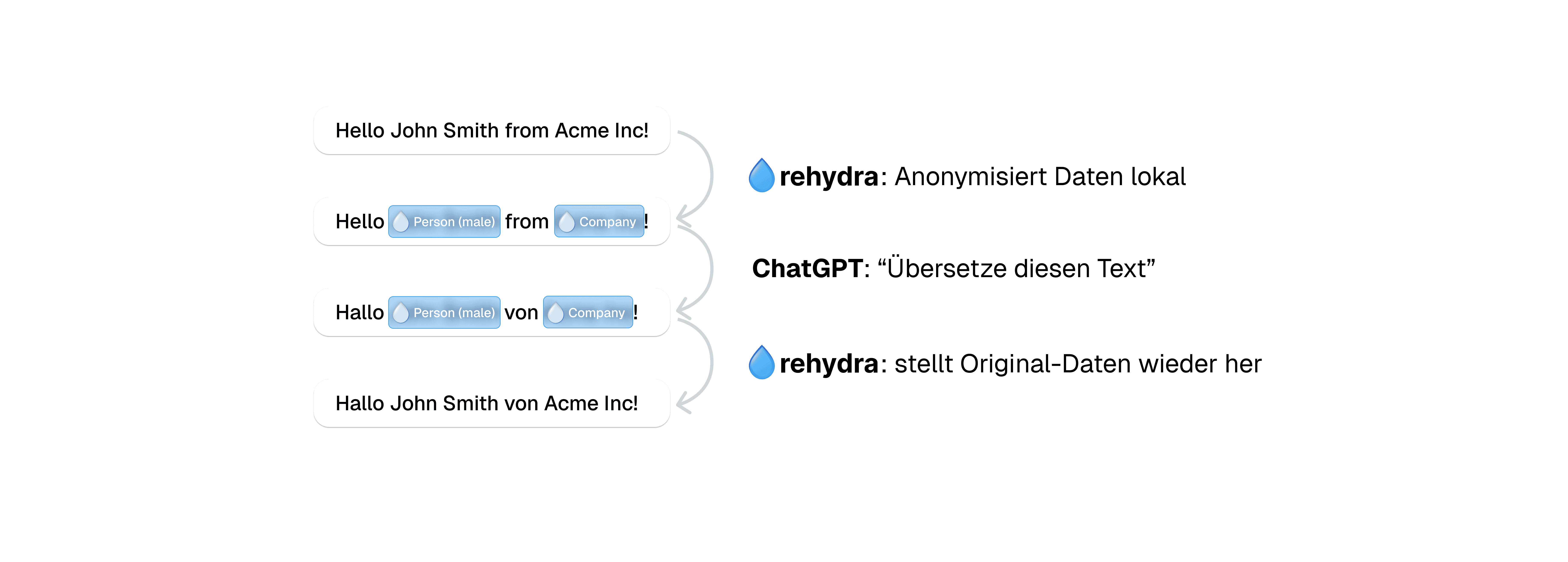 Rehydra anonymisiert und rehydriert Inhalte.