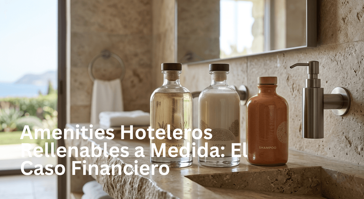 Tres elegantes frascos etiquetados como gel de ducha, loción y champú reposan sobre un lavabo rústico de piedra en un lujoso baño con vistas a un paisaje sereno.