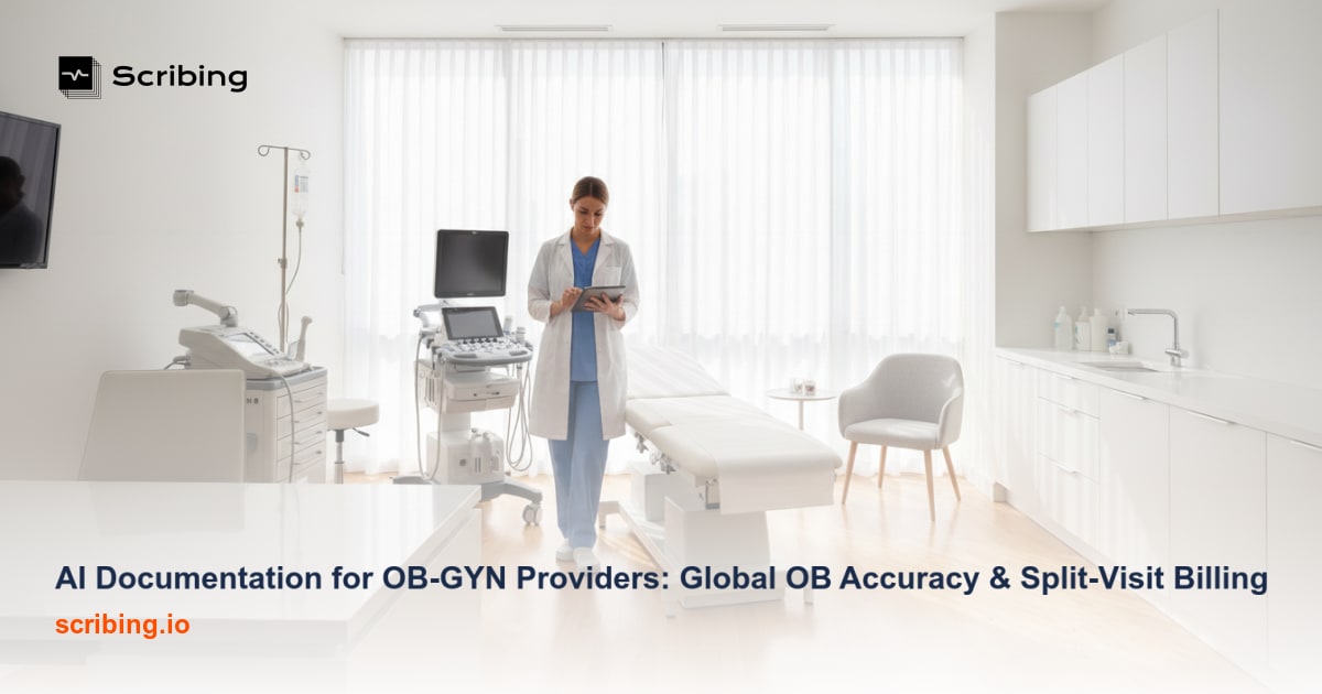 OB-GYN provider using AI-powered documentation technology during a prenatal visit with a patient in a modern clinical setting