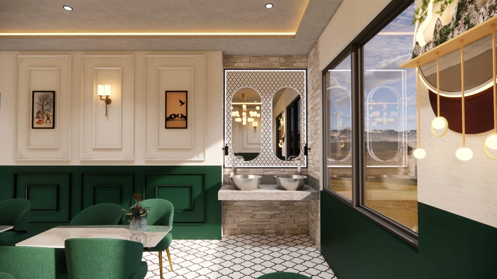 Dining corner and washroom detail at Three Vedas Darjeeling with stone-clad basins — artist’s render