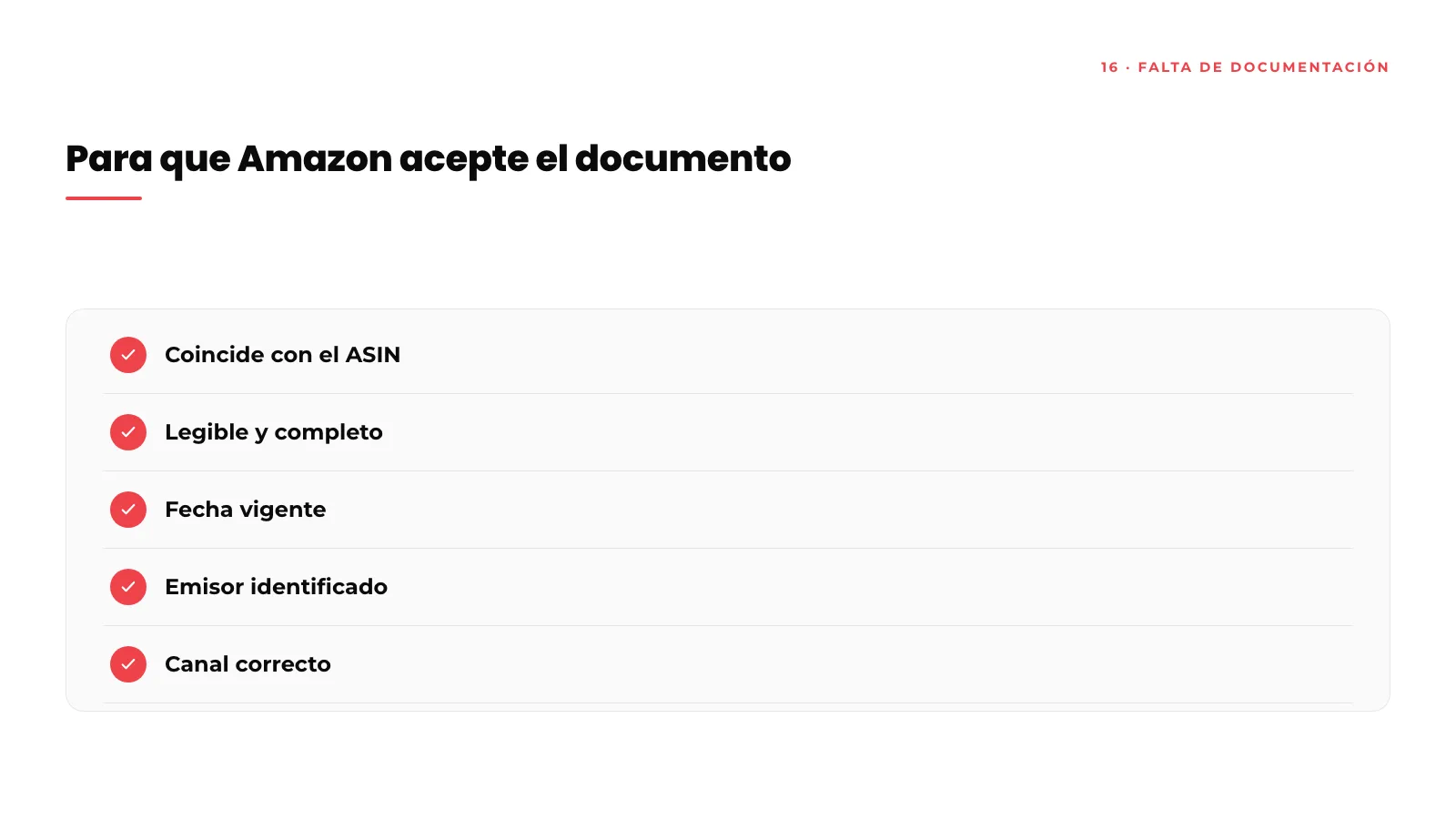 Checklist de requisitos para que Amazon acepte un documento: coincide con el ASIN, legible y completo, fecha vigente, emisor identificado, canal correcto