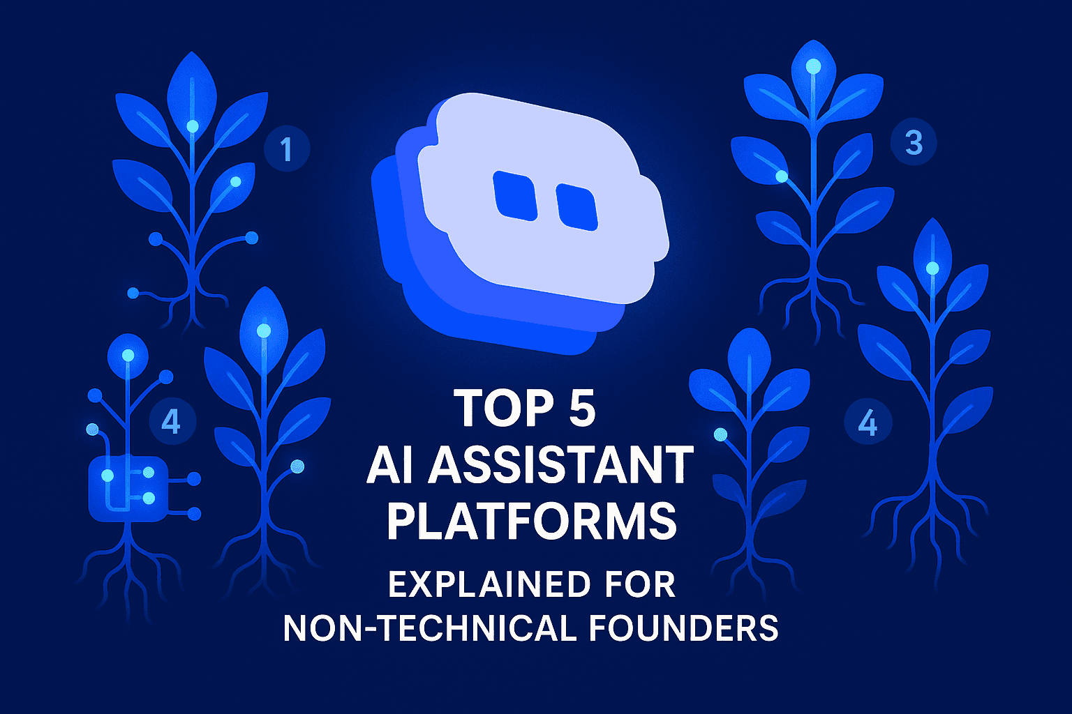 A blue-toned digital garden illustration centered around the BotStacks logo (a white and blue 3D chat bubble). Five different AI assistant platforms are represented as tech-organic plants numbered 1 through 5, each with unique characteristics like analytics displays, chatbots, and automation features. Business professionals interact with these digital plants throughout the garden. The image visualizes AI platforms as an ecosystem for non-technical founders, with the title 'TOP 5 AI ASSISTANT PLATFORMS EXPLAINED FOR NON-TECHNICAL FOUNDERS' displayed in white text