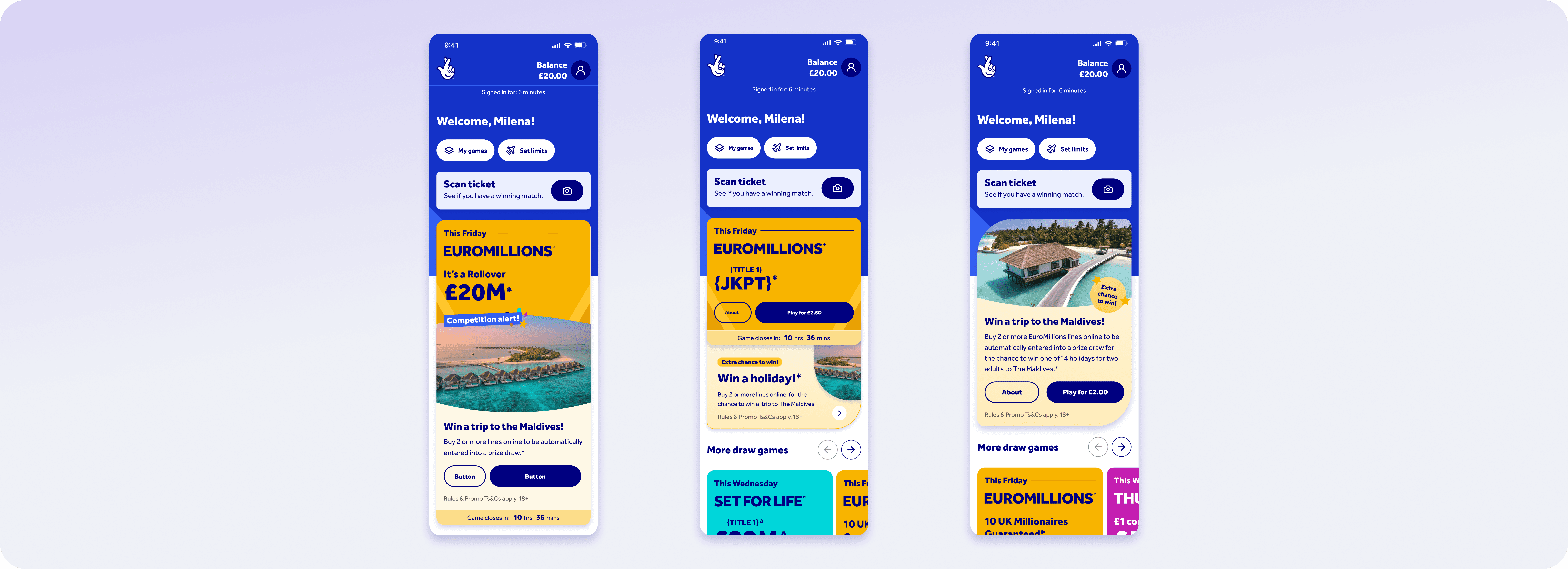 Three tested variations of the EuroMillions event advert, used in usability testing with players