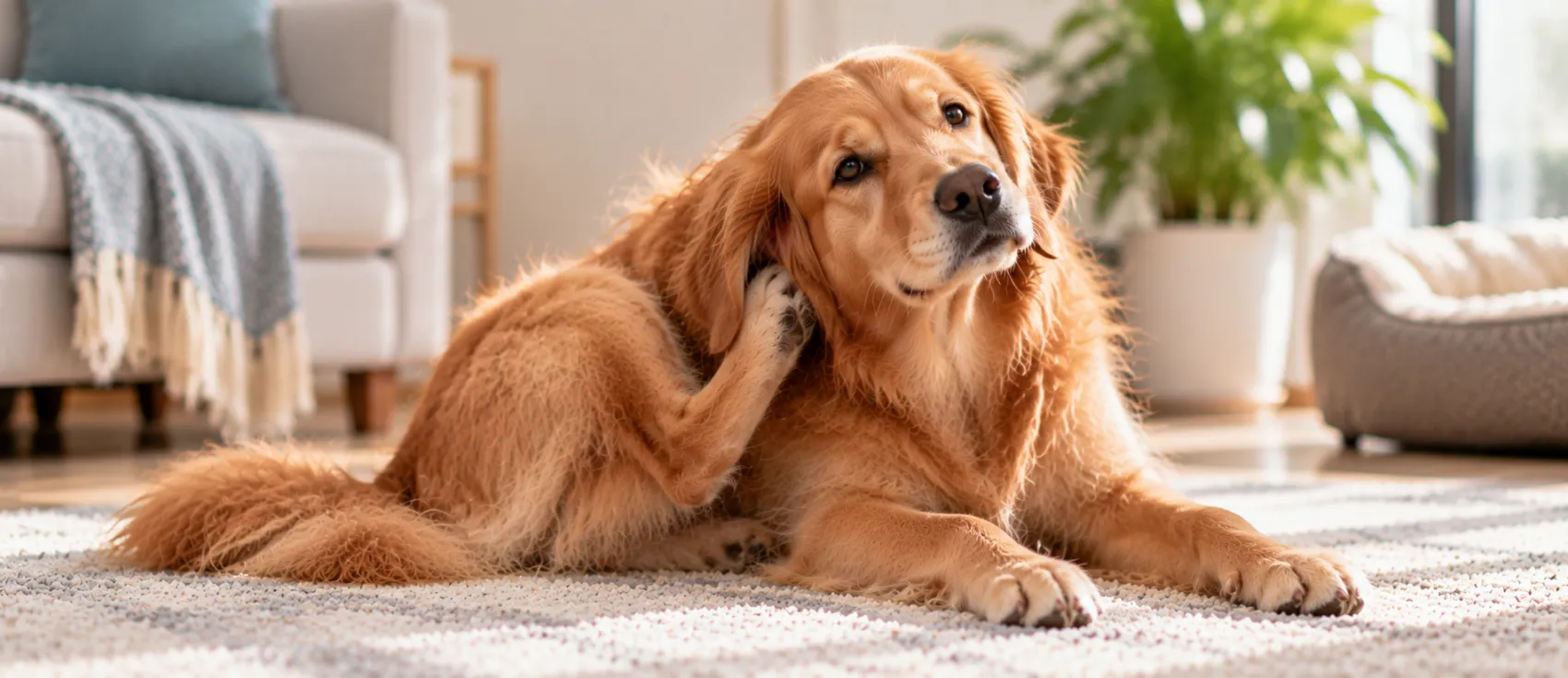 Golden retriever scratching its ear while lying on a rug.