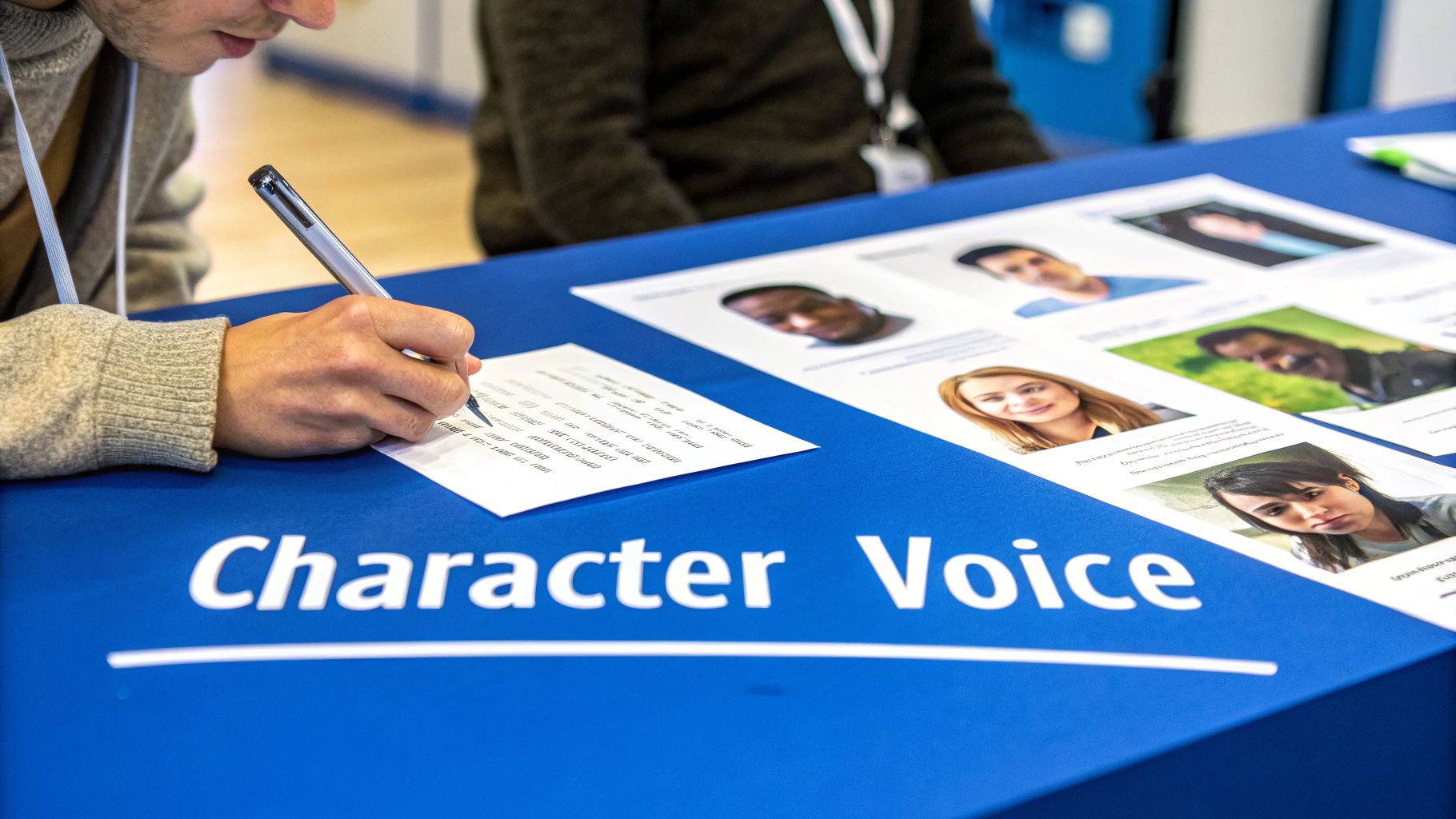 A person writing in a notebook, focused on creating characters and dialogue.