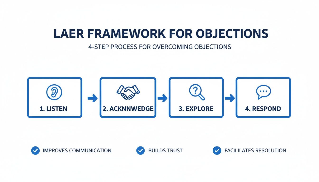 Diagram illustrating the LAER Framework for overcoming objections, detailing 4 key steps.
