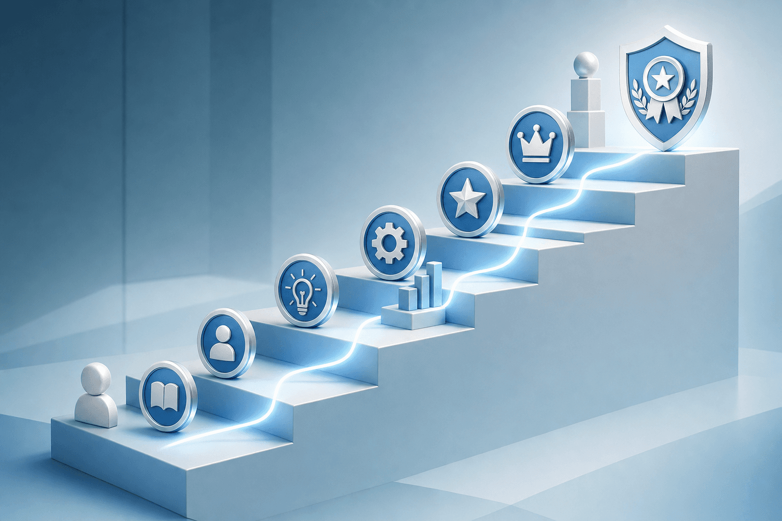 A professional certification journey visualization showing ascending steps or pathway, with abstract icons representing different career levels from beginner to expert, clean modern design with badges or achievement symbols, corporate professional style, blue and white color scheme, isometric or 3D perspective view, no text or letters