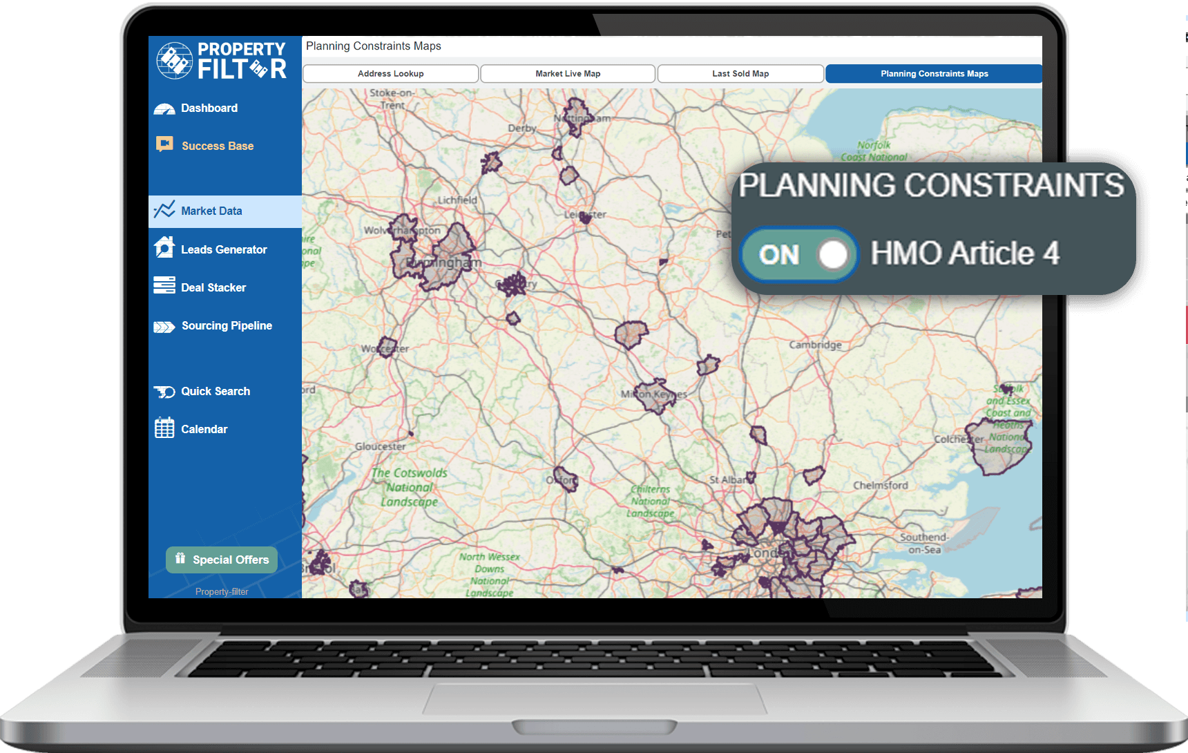 Interactive planning constraints map, including HMO Article 4 Map