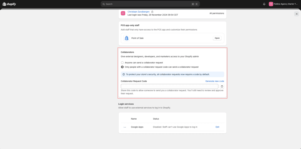 Shopify-Bildschirm Users and permissions mit hervorgehobenem Bereich Collaborators