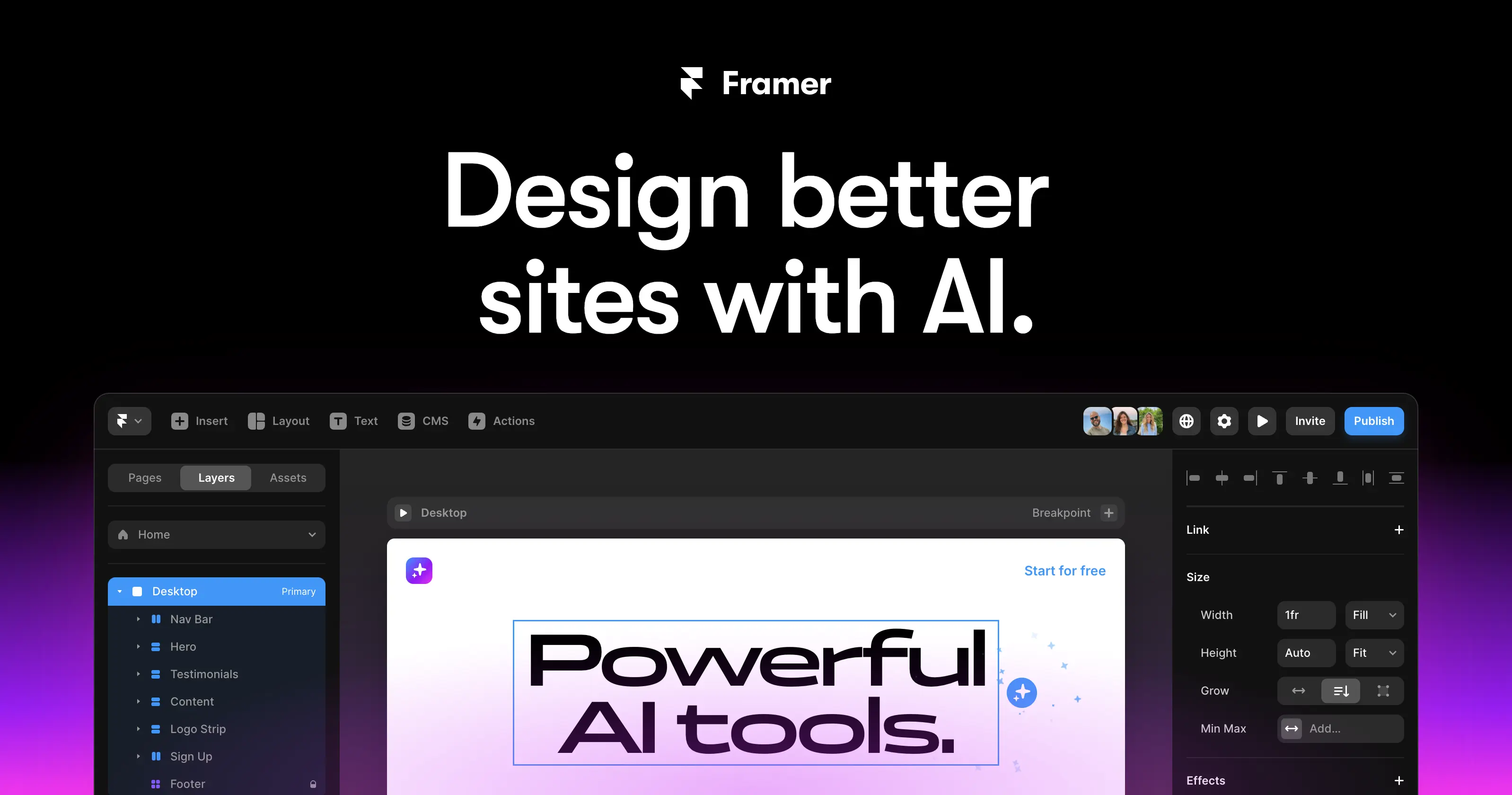 Desing better sites with AI Page from Framer