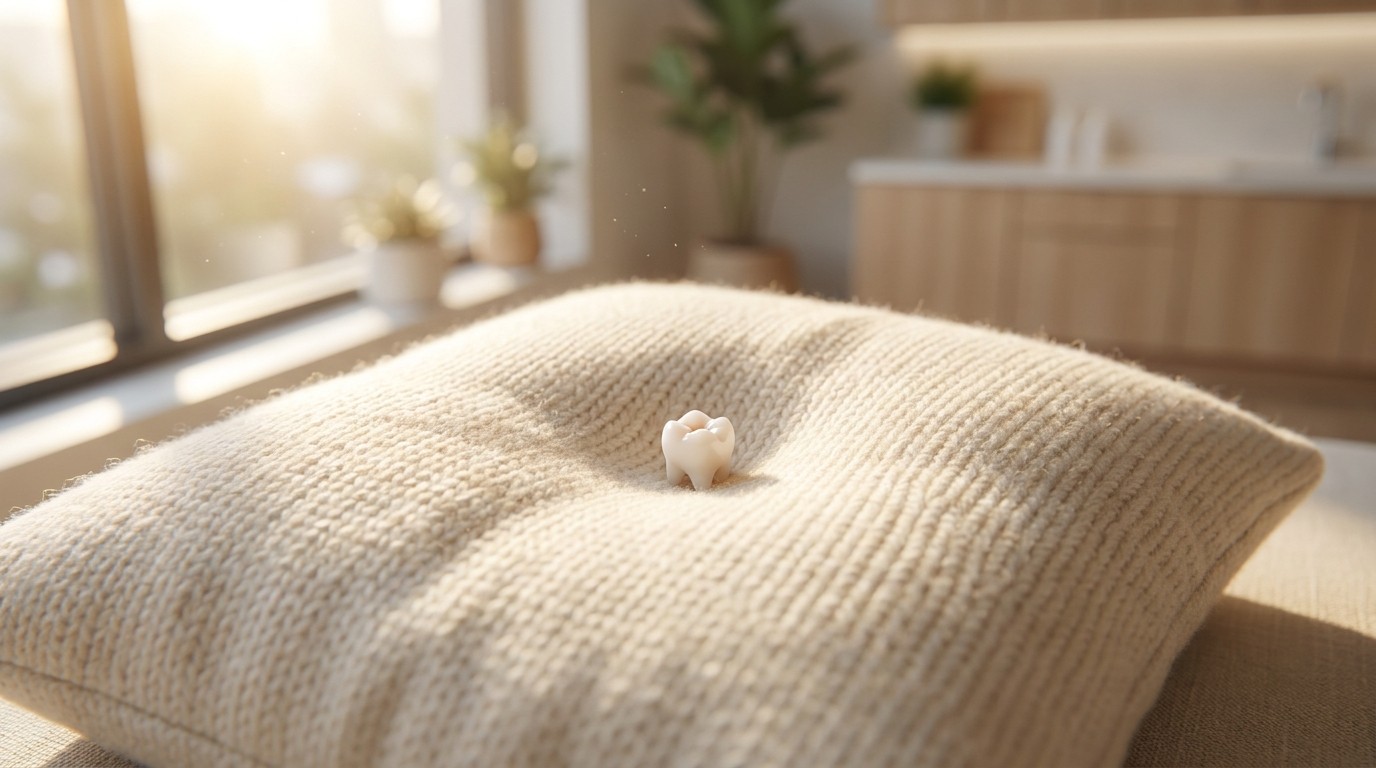 A small lost tooth on a pillow, reassuring guidance for a tooth lost at night
