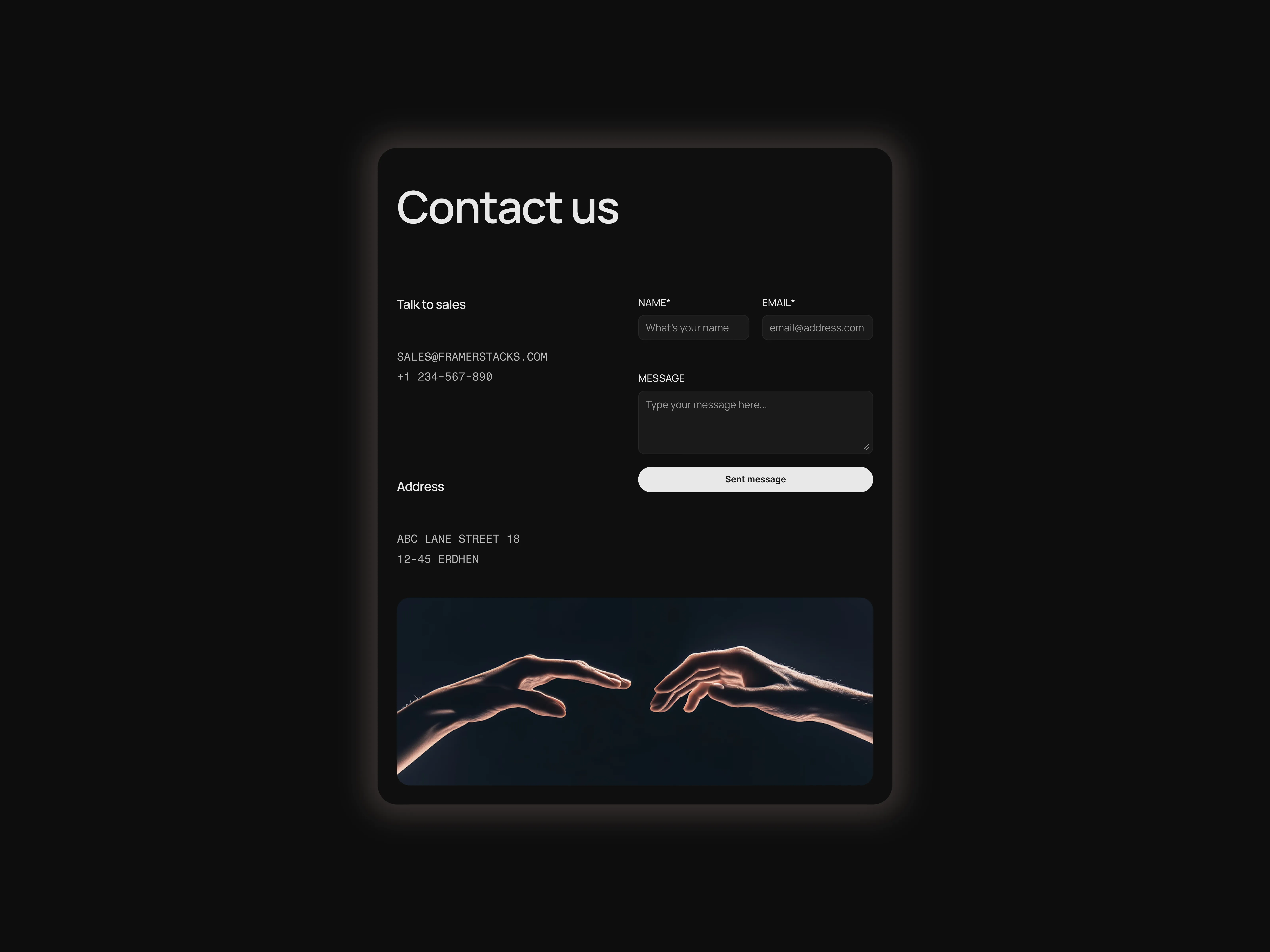 A minimal style dark themed contact us page section with various contact us methods. optimized for tablet devices.