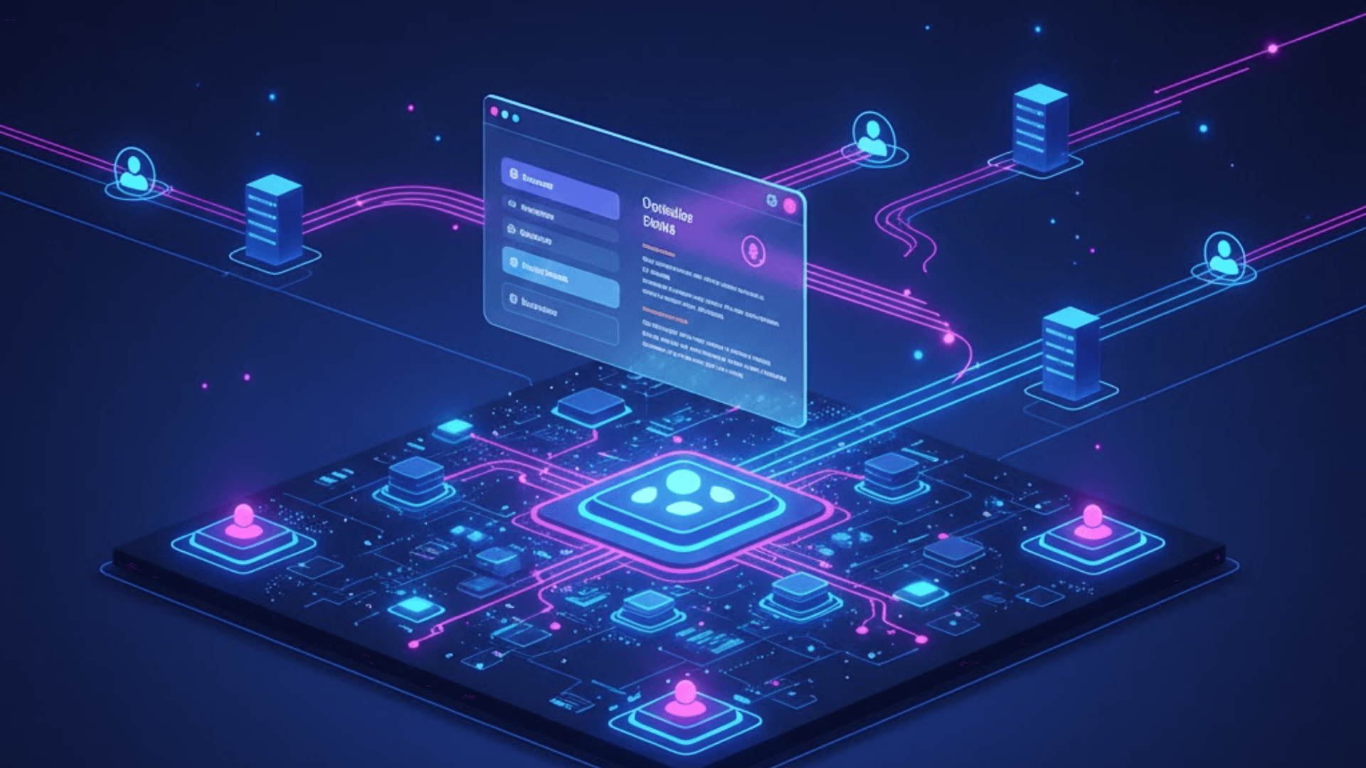 An abstract 16:9 visualization of a high-performance web application. At the base, a glowing dark circuit board with neon blue and pink pathways represents low-level, efficient backend code. A sleek, translucent interface panel floats above the center, symbolizing a fast front-end. Multiple user avatars are connected to the central system via vibrant, high-speed light trails, representing real-time collaboration and global responsiveness. The entire composition uses a futuristic palette of deep blues, purples, and neon accents to convey a sense of lightning-fast software performance.
