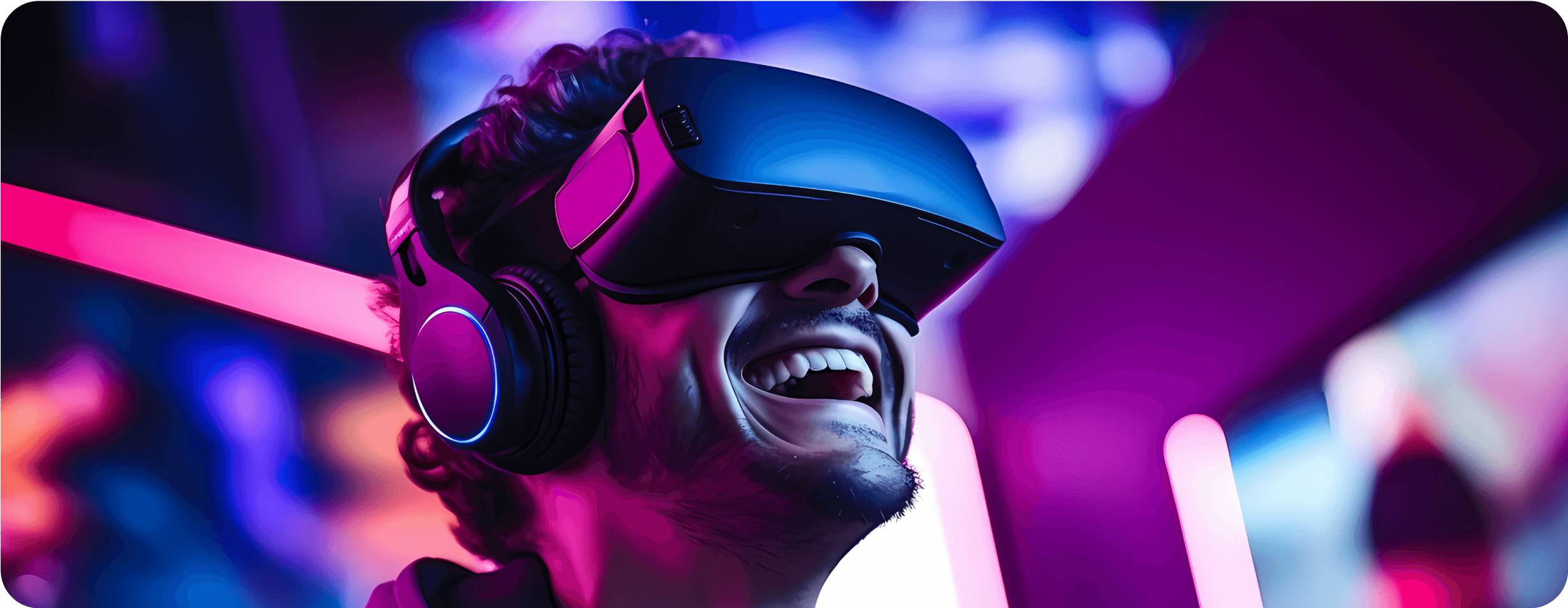 Smiling man wearing a VR headset and headphones, immersed in a vibrant digital experience with neon purple and blue lighting — symbolizing AI-driven creativity and innovation in technology