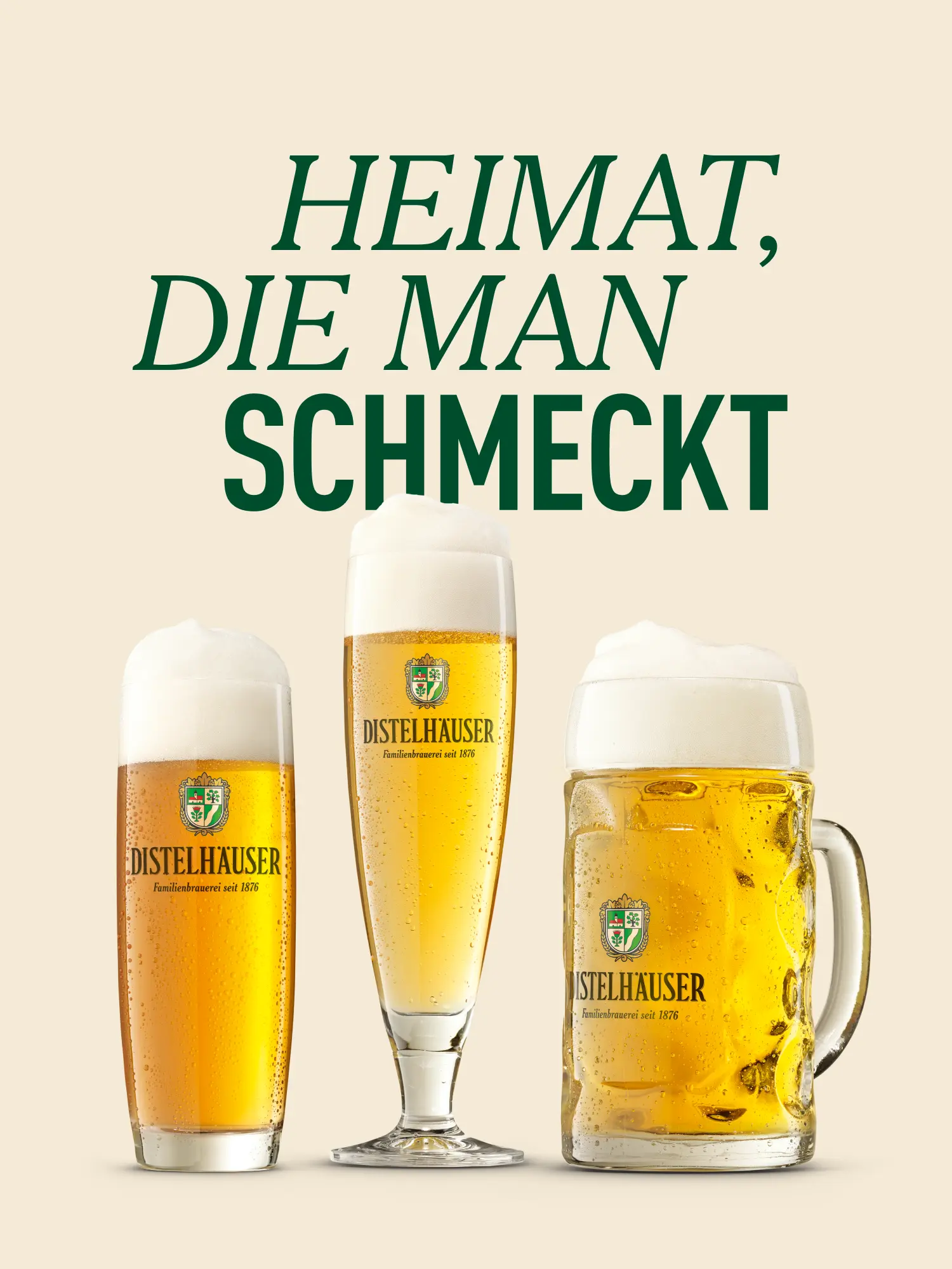 Drei gefüllte Distelhäuser-Biergläser unter dem Slogan Heimat, die man schmeckt