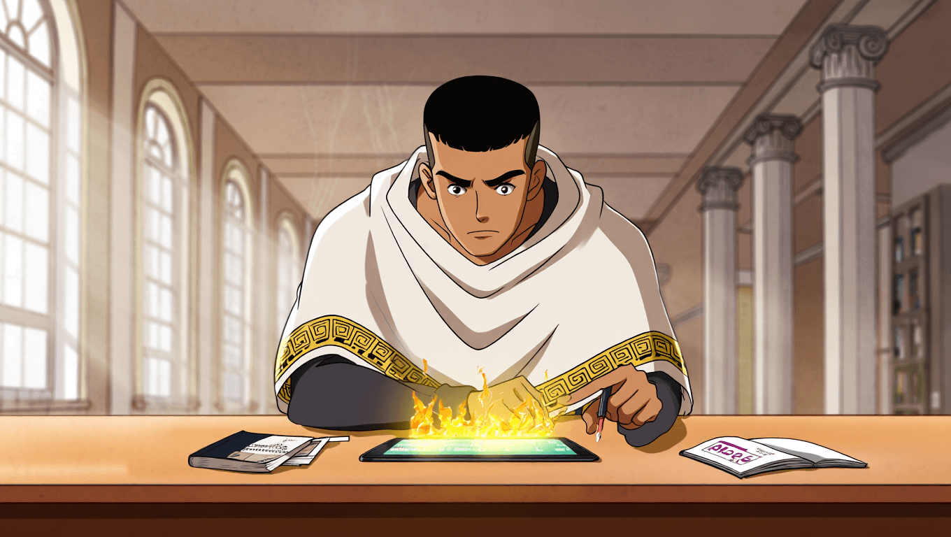 La Méthode Aistote : Une illustration de style manga d'un étudiant en sweat-toge pointant vers une tablette lumineuse affichant un quiz dans une bibliothèque classique.