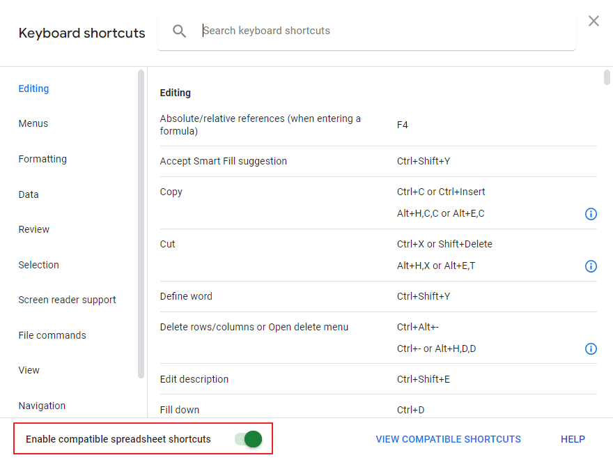 Turn on Excel shortcuts