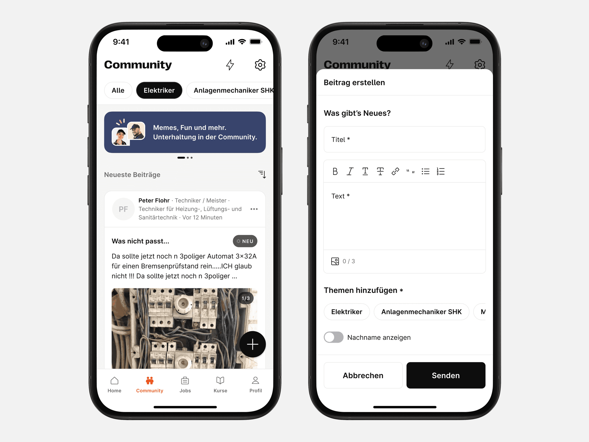 The image showcases two smartphone screens displaying the PowerUs app interface, featuring sections for meme sharing, topic selection, and a feed of recent posts along with a text input field for creating new content.