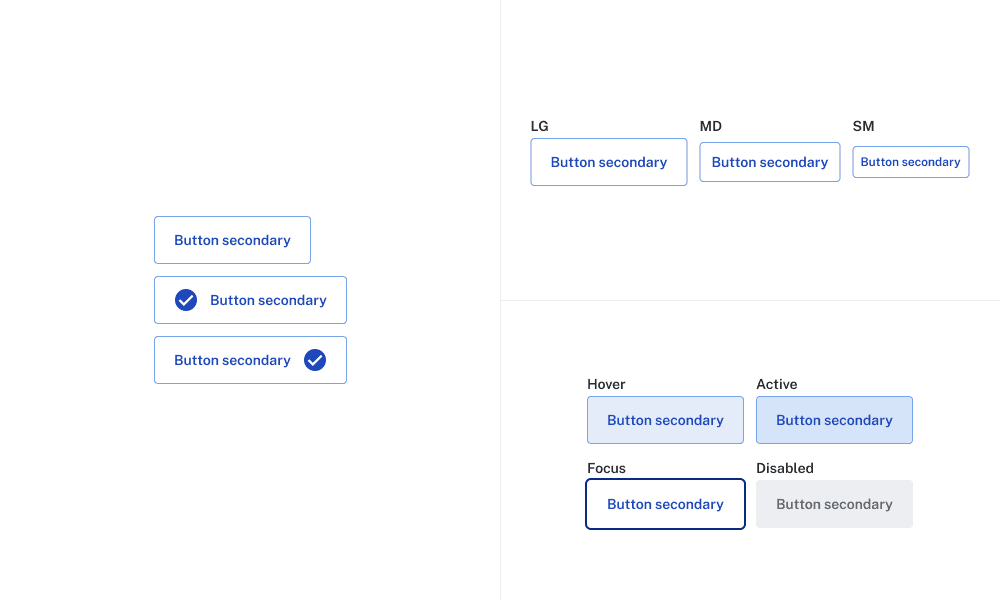 Estilo definido do botão secundário, incluindo tamanhos (pequeno, médio e grande) e estados como hover, ativo, foco e desativado.