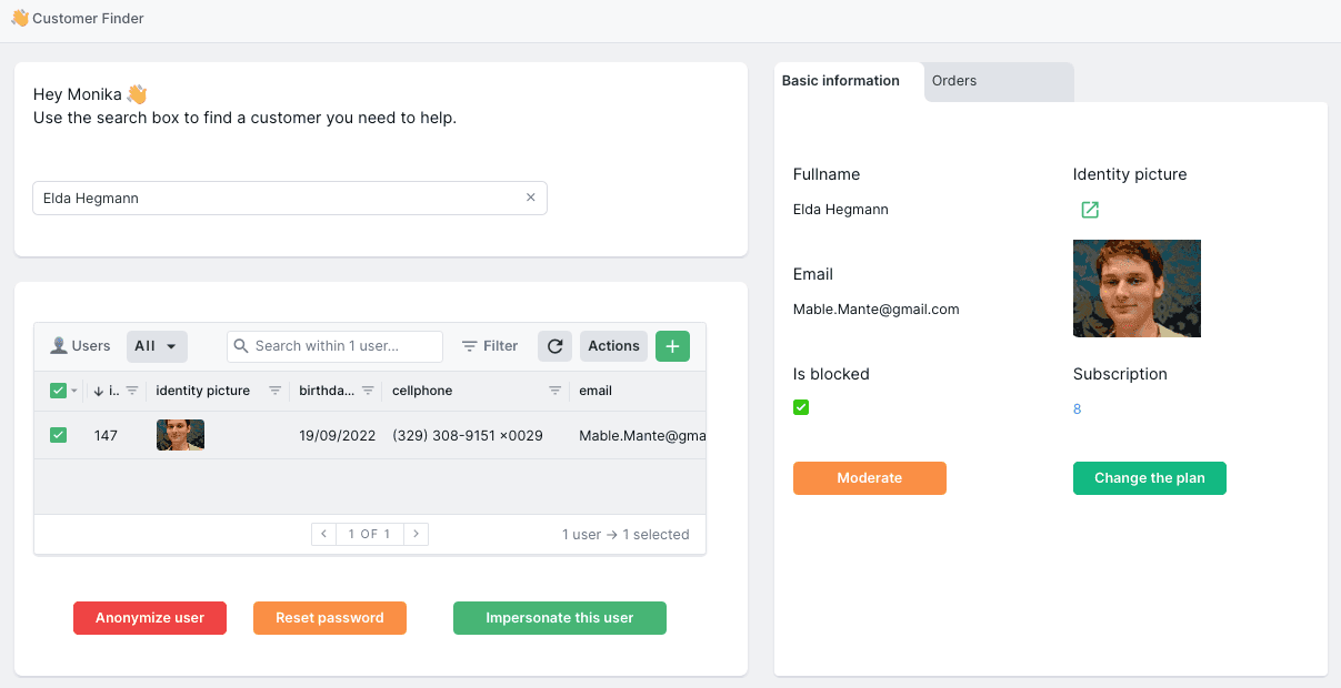 A simple customer finder built on Forest Admin with a no-code editor. This is a screenshot from a demo project.